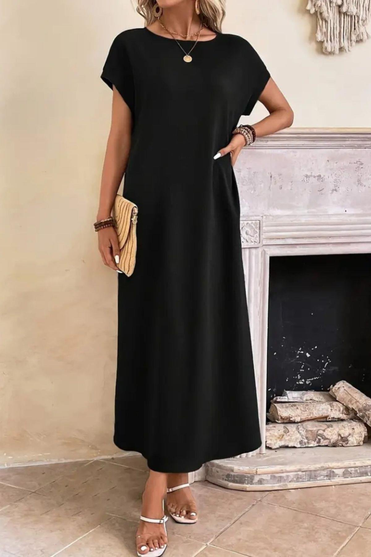 Kısa Kollu Viskon Basic Elbise Siyah