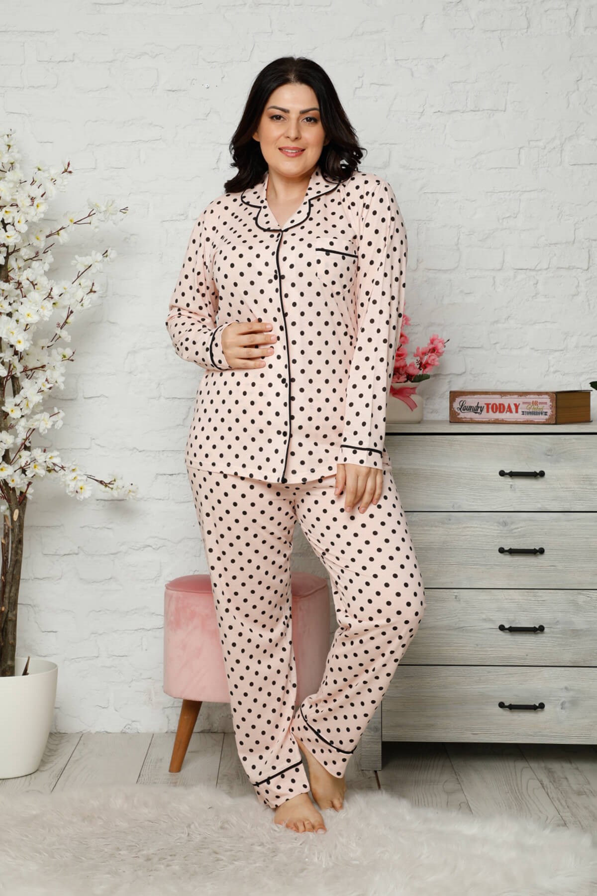 Kışlık Düğmeli Battal Pijama Takımı