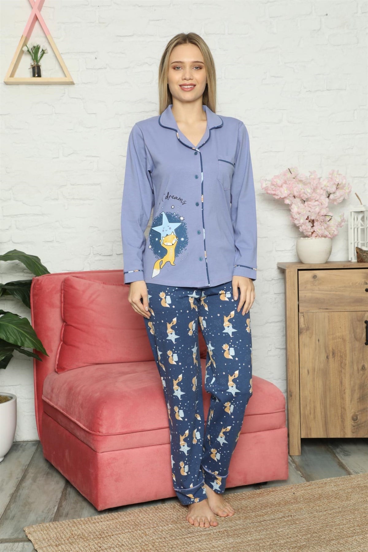 Kışlık Düğmeli Pijama Takımı İndigo