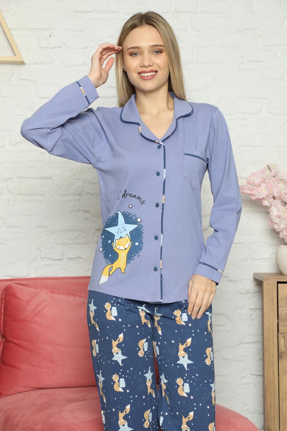 Kışlık Düğmeli Pijama Takımı İndigo