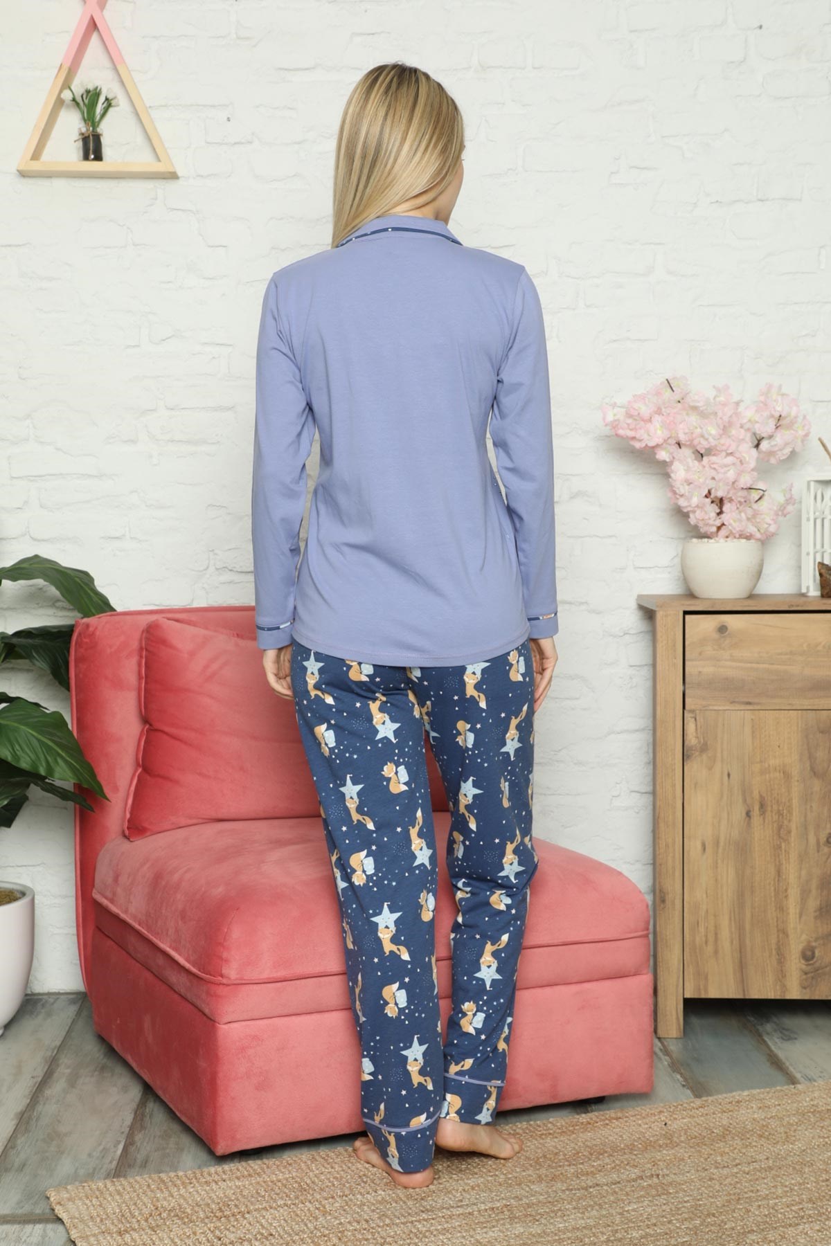 Kışlık Düğmeli Pijama Takımı İndigo
