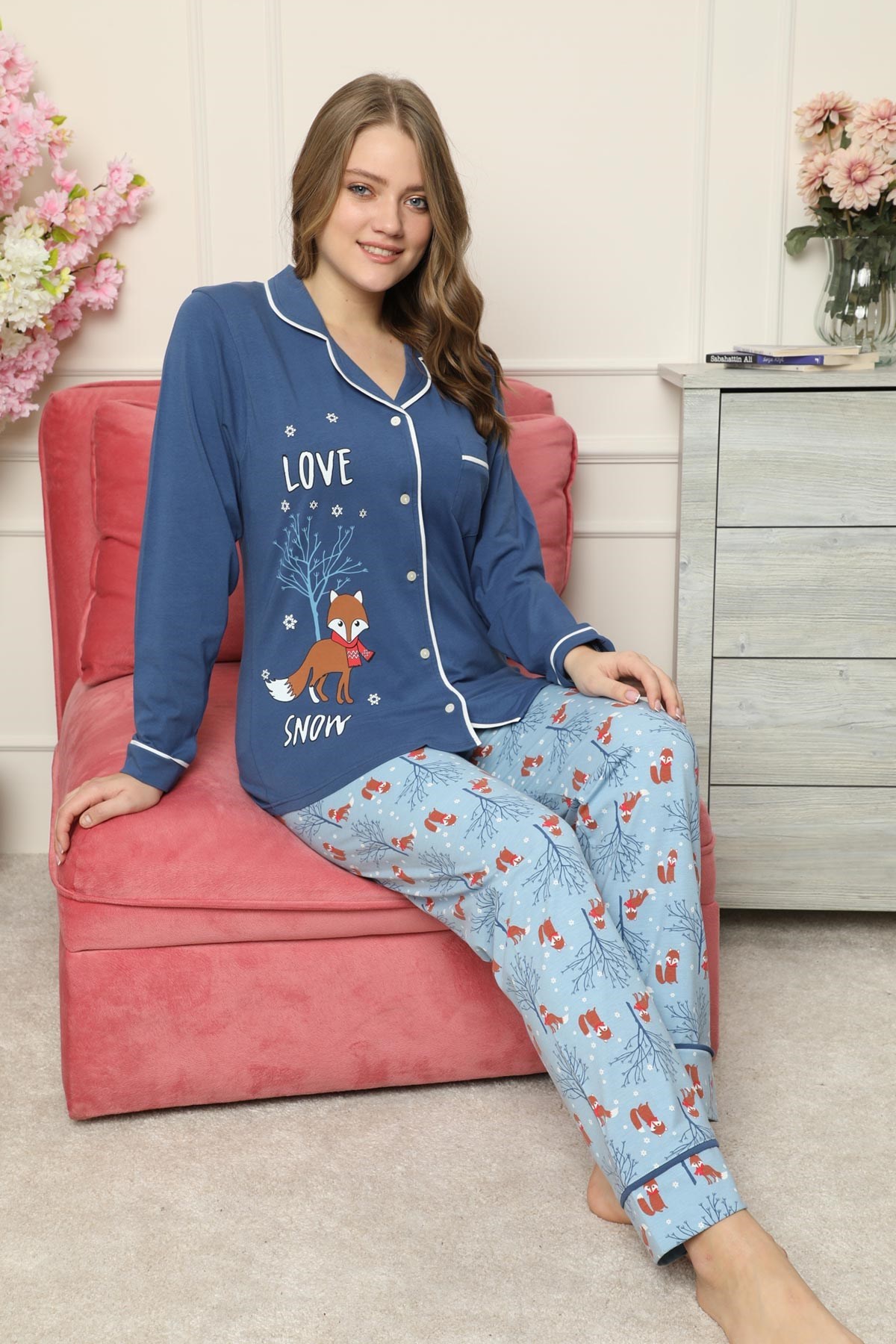Kışlık Düğmeli Pijama Takımı Lacivert