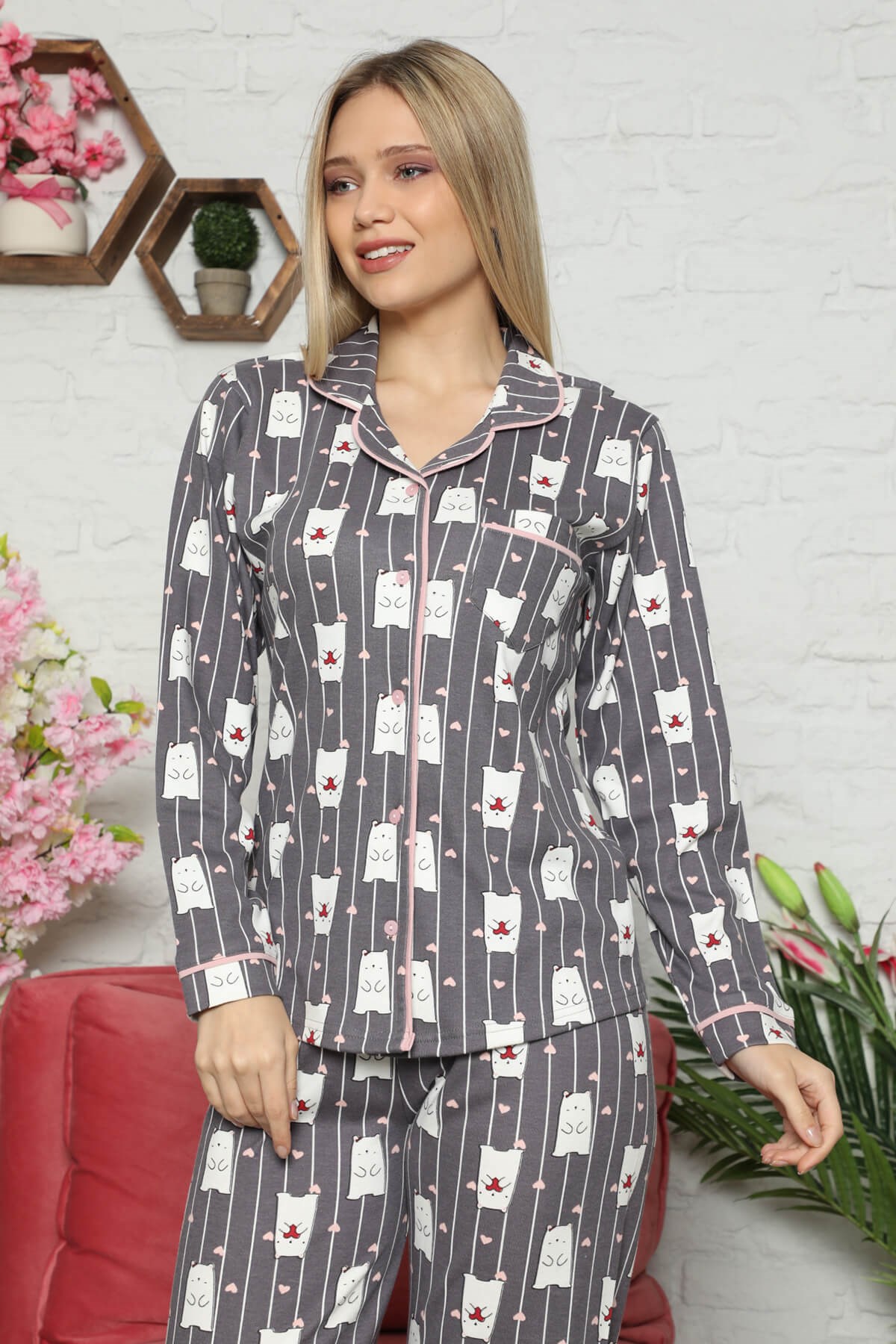Kışlık Düğmeli Pijama Takımı Mor