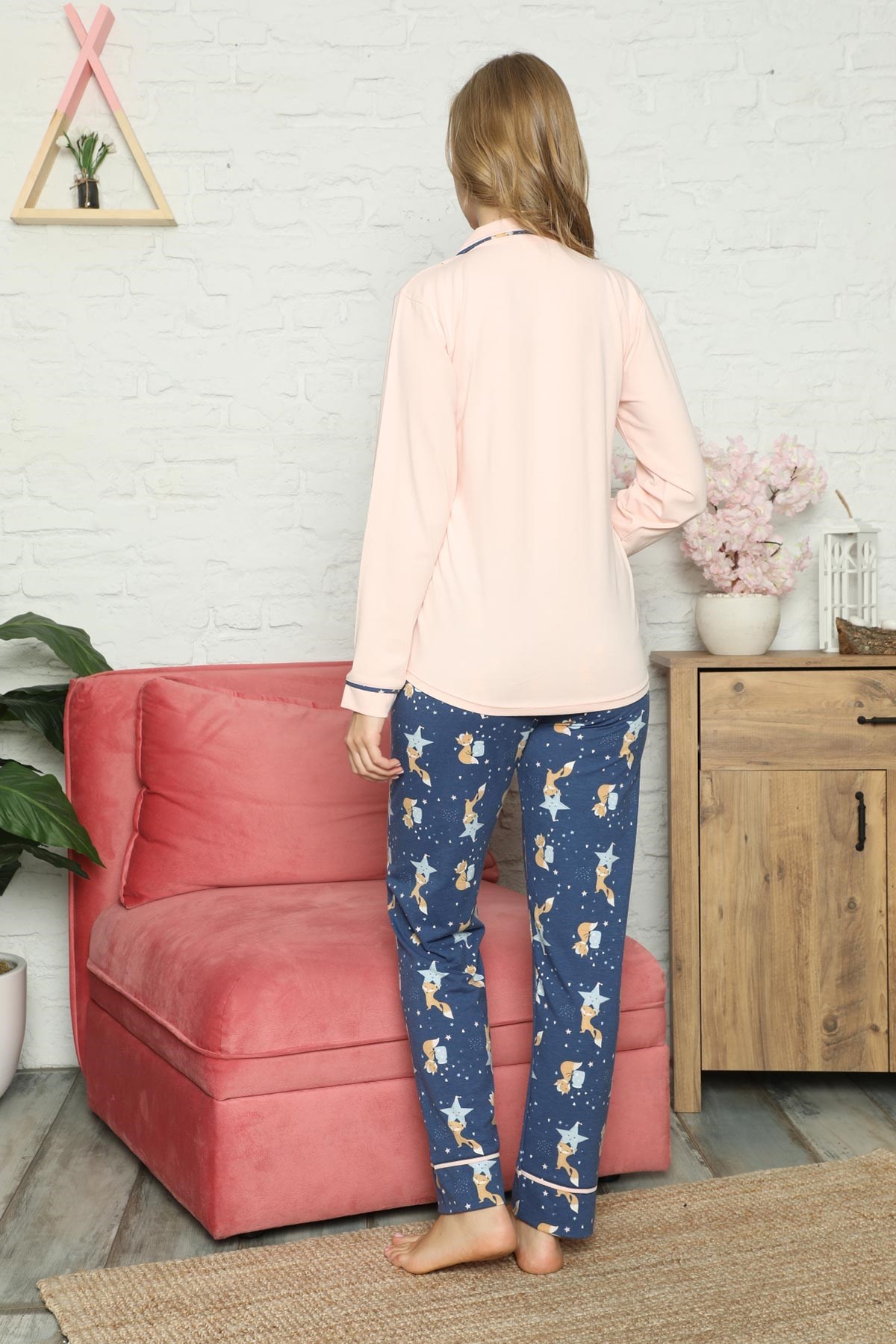 Kışlık Düğmeli Pijama Takımı Pudra
