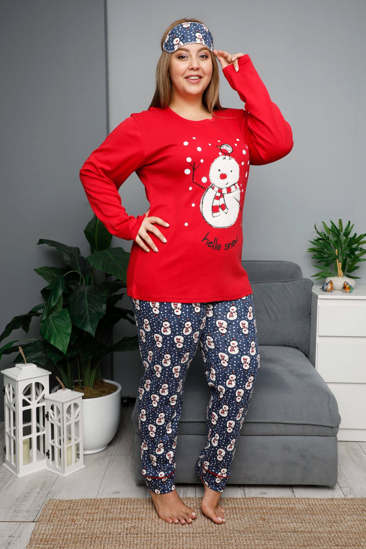 Kışlık Uzun Kol Büyük Beden Pijama Takımı Kırmızı