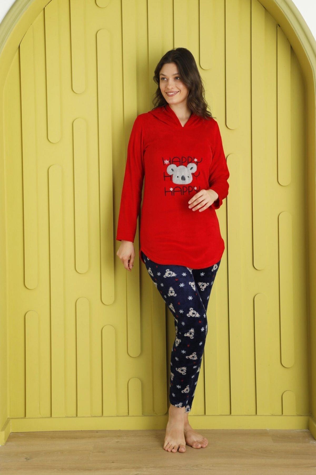 Koala Desenli Kapüşonlu Kadife Pijama Takımı Kırmızı