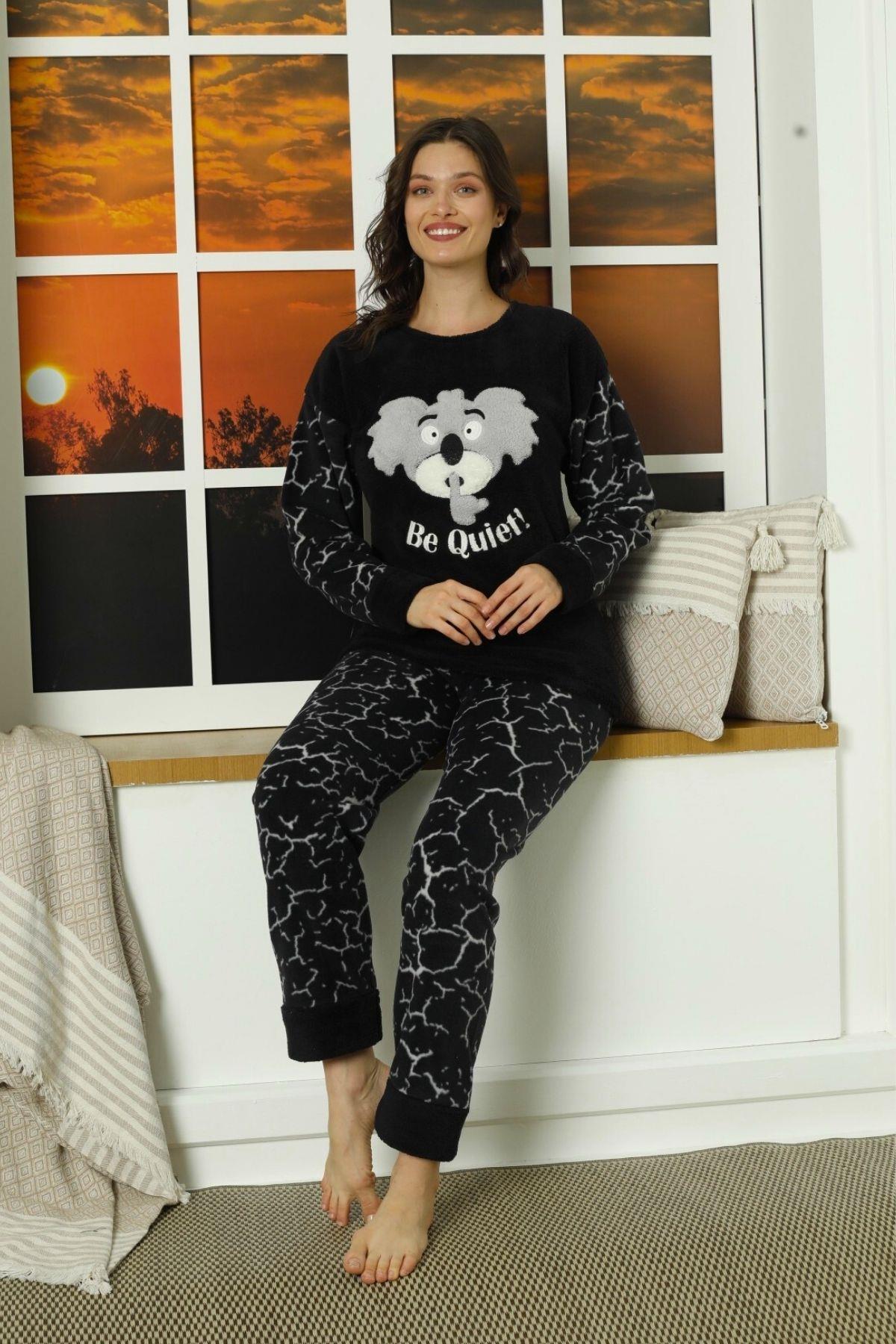 Koala Kol Ve Paça Detaylı Polar Pijama Takımı Siyah