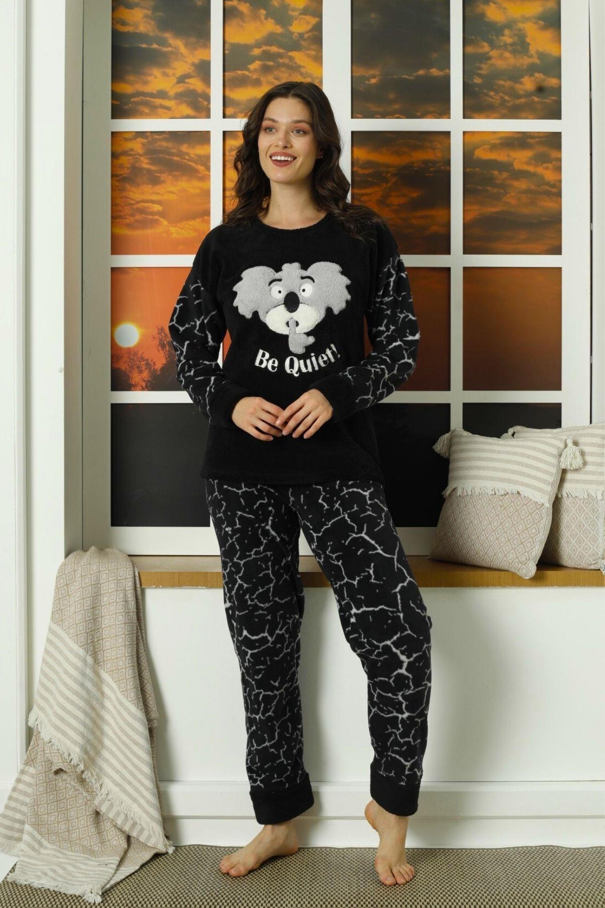 Koala Kol Ve Paça Detaylı Polar Pijama Takımı Siyah