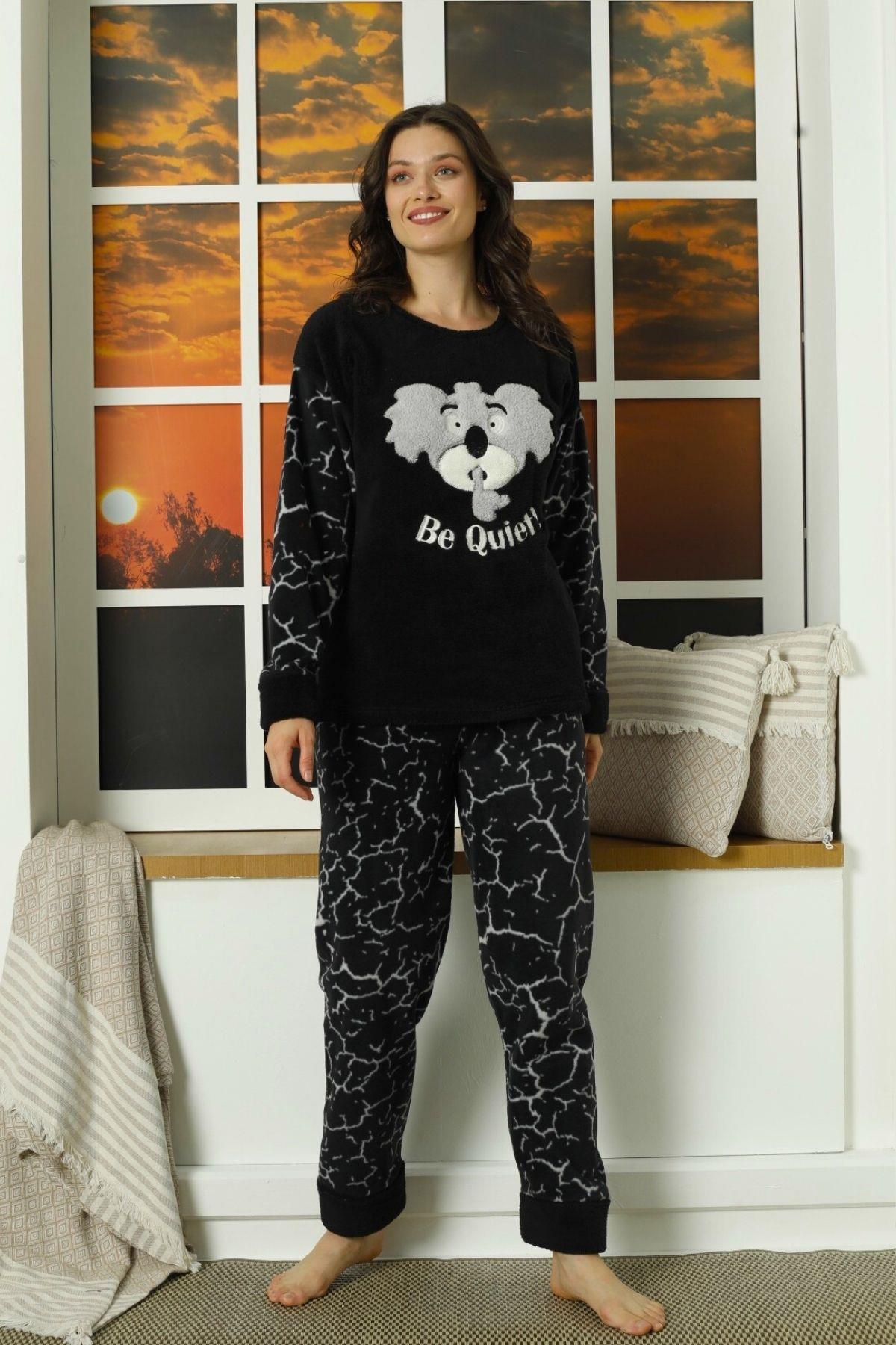 Koala Kol Ve Paça Detaylı Polar Pijama Takımı Siyah