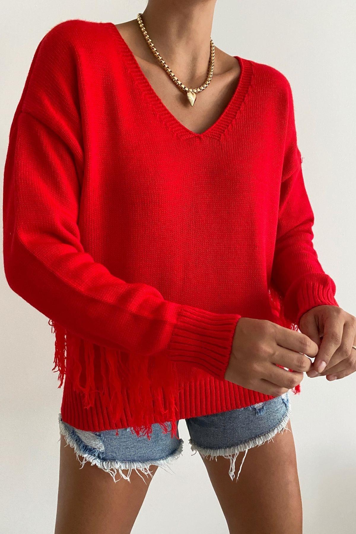 Kol Püsküllü V Yaka Triko Kırmızı