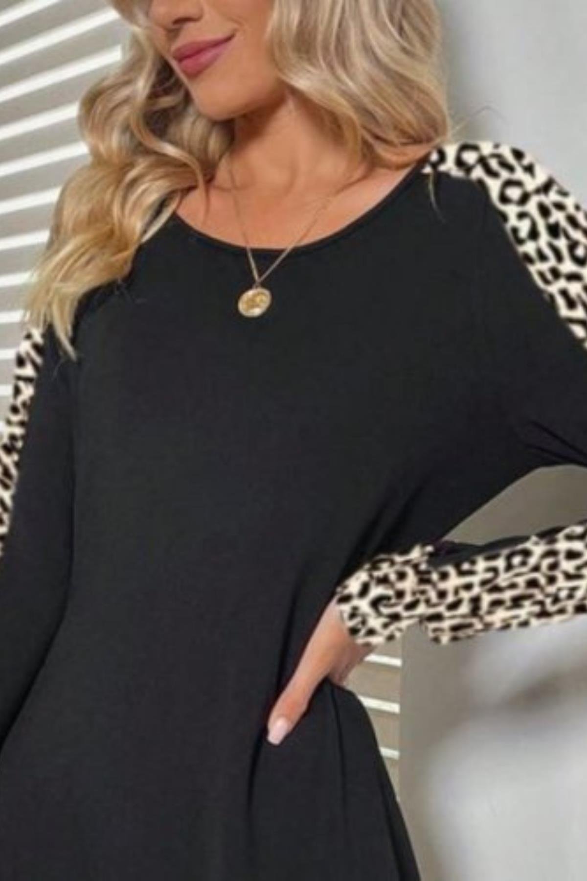 Kollar Leopar Detay İki İplik Mini Boy Elbise Siyah