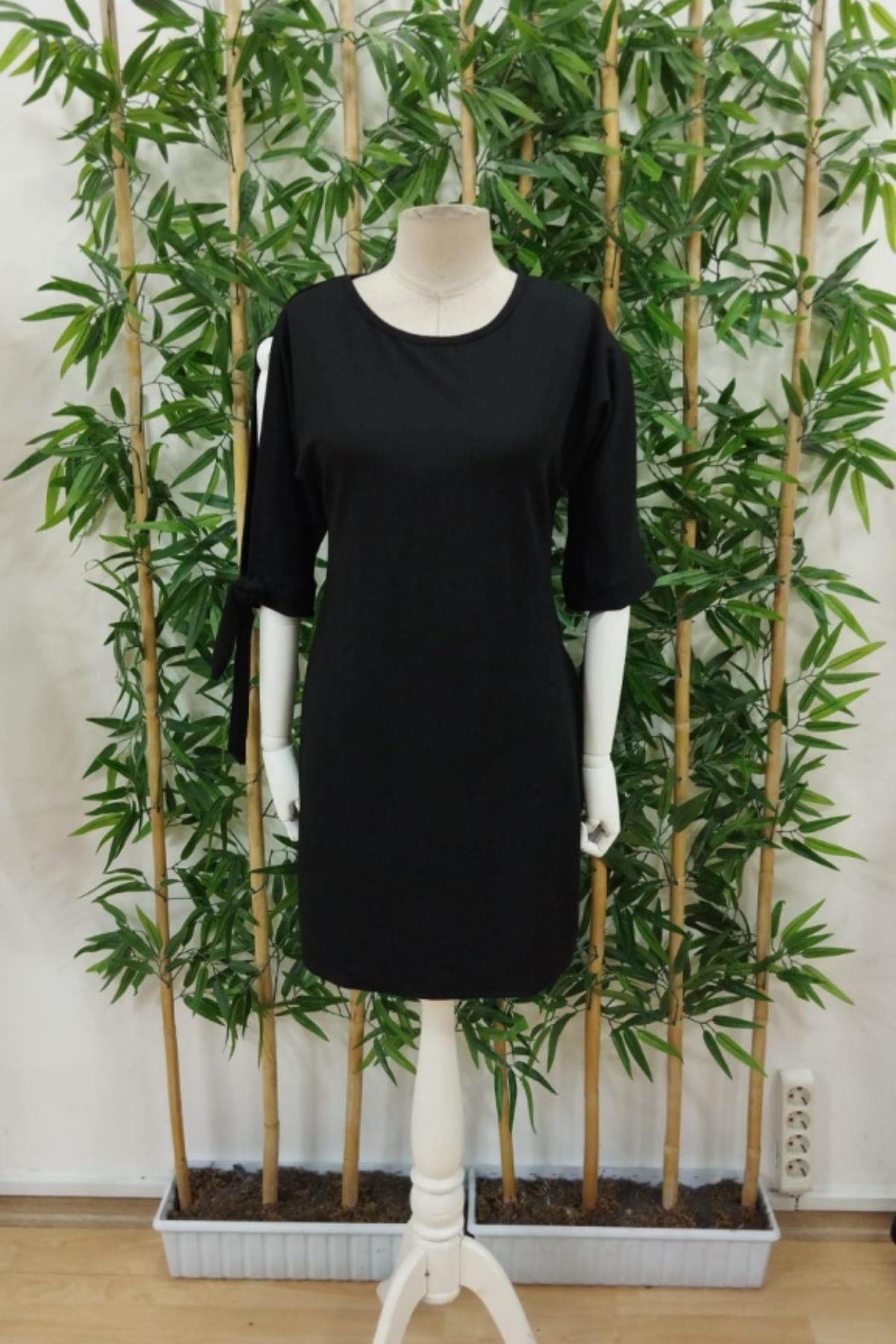 Kolları Bağlamalı Bisiklet Yaka Elbise Siyah