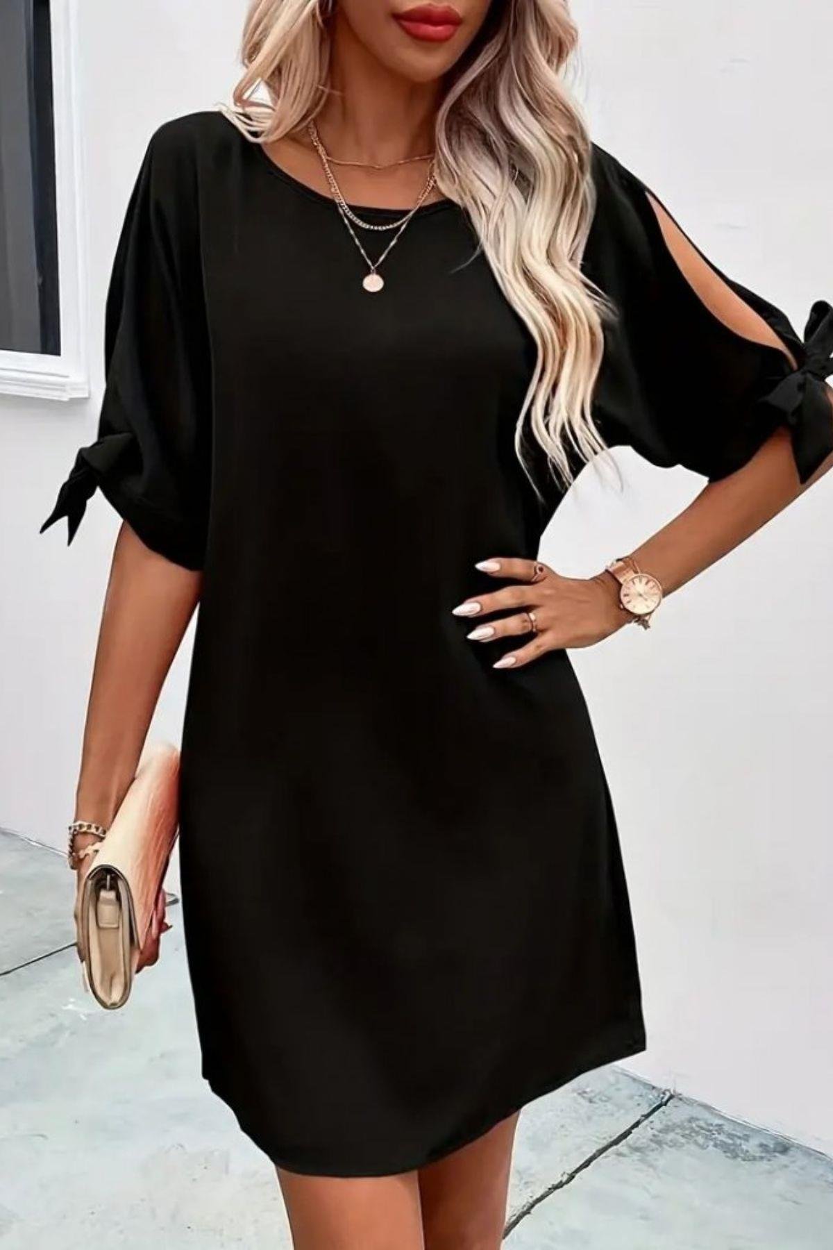 Kolları Bağlamalı Bisiklet Yaka Elbise Siyah