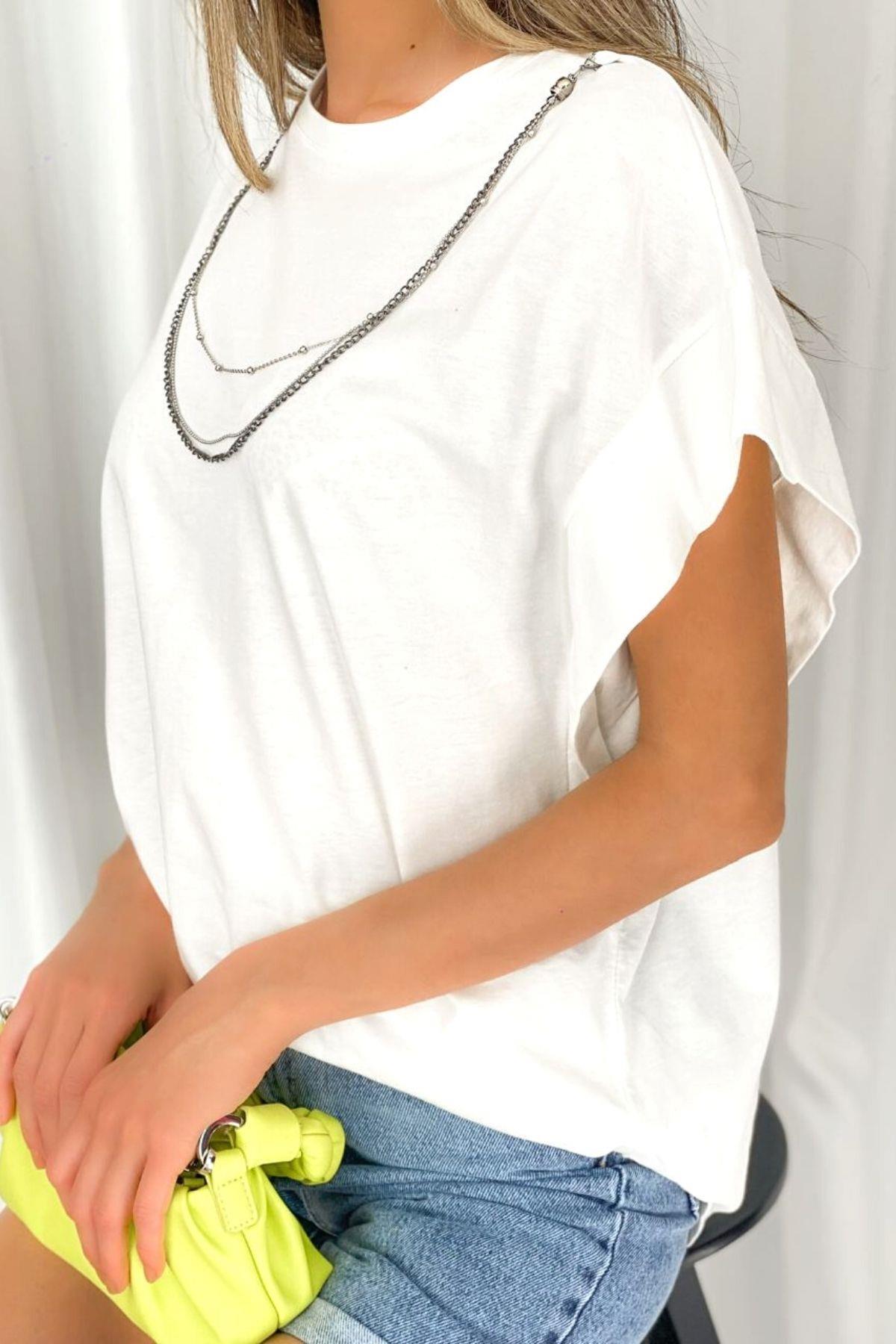 Kolsuz Kolyeli Basic T-Shirt Beyaz