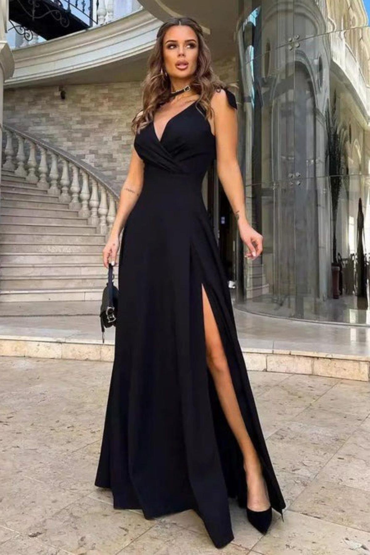 Kruvaze Yaka Askılı Yırtmaçlı Krep Elbise Siyah