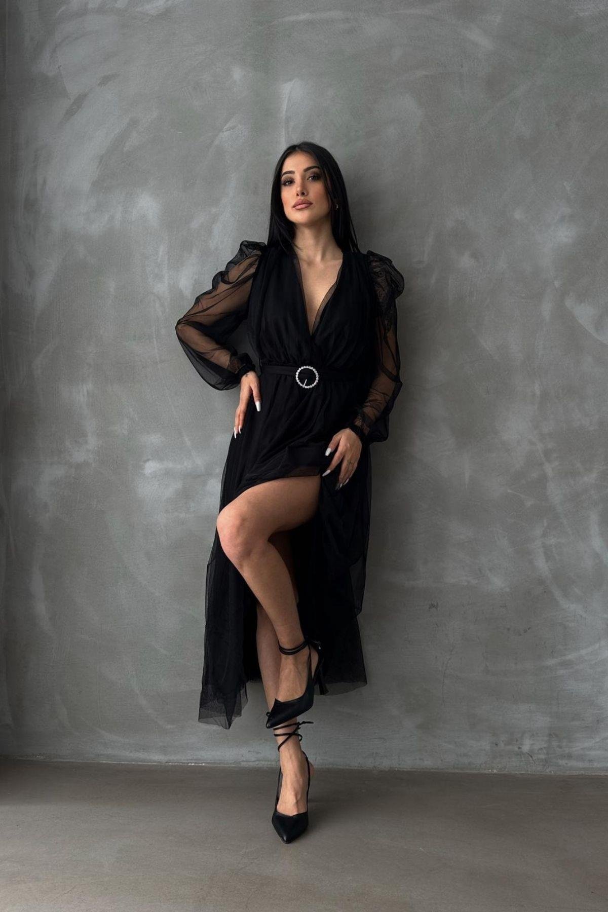 Kruvaze Yaka Balon Kol Tüllü Elbise Siyah