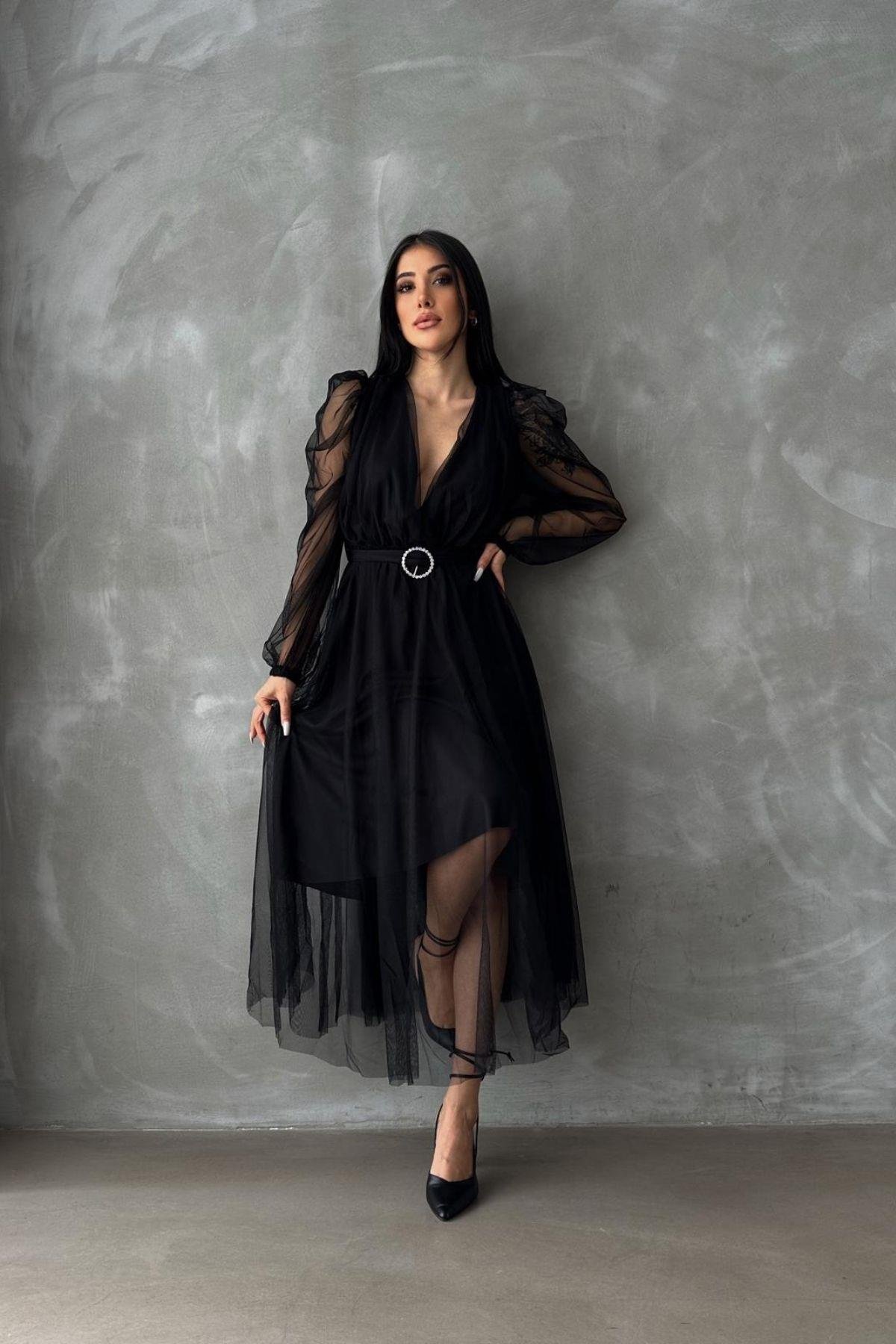 Kruvaze Yaka Balon Kol Tüllü Elbise Siyah