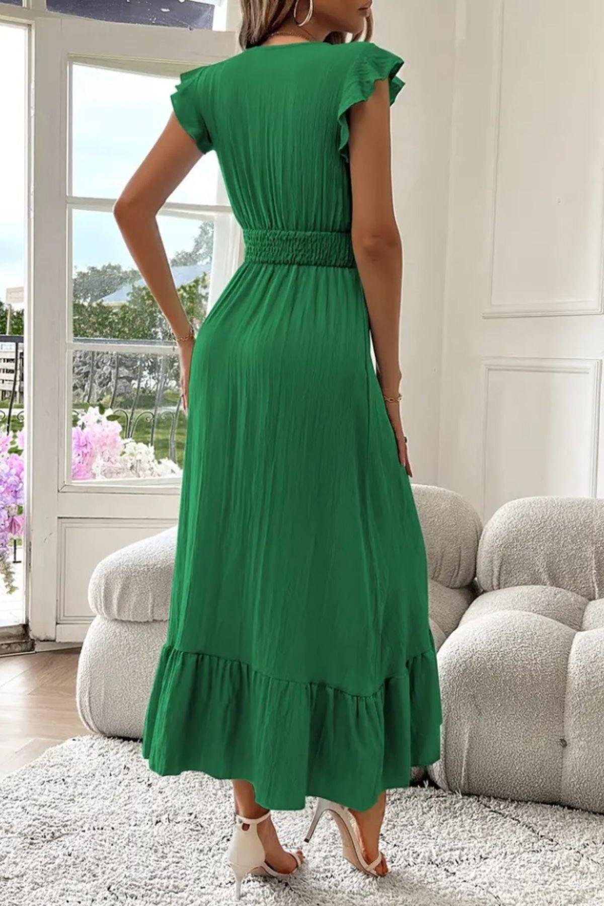 Kruvaze Yaka Bel Lastikli Müslin Elbise Yeşil