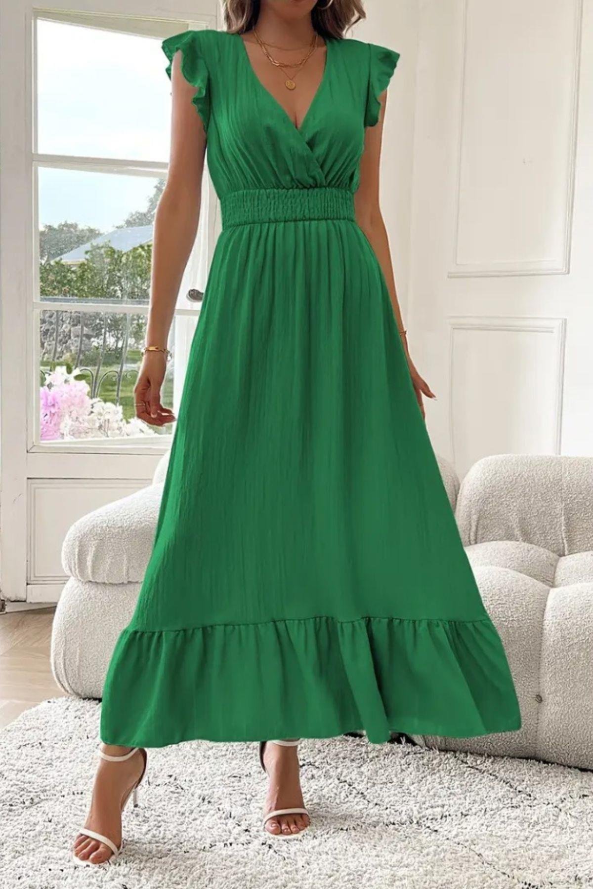 Kruvaze Yaka Bel Lastikli Müslin Elbise Yeşil