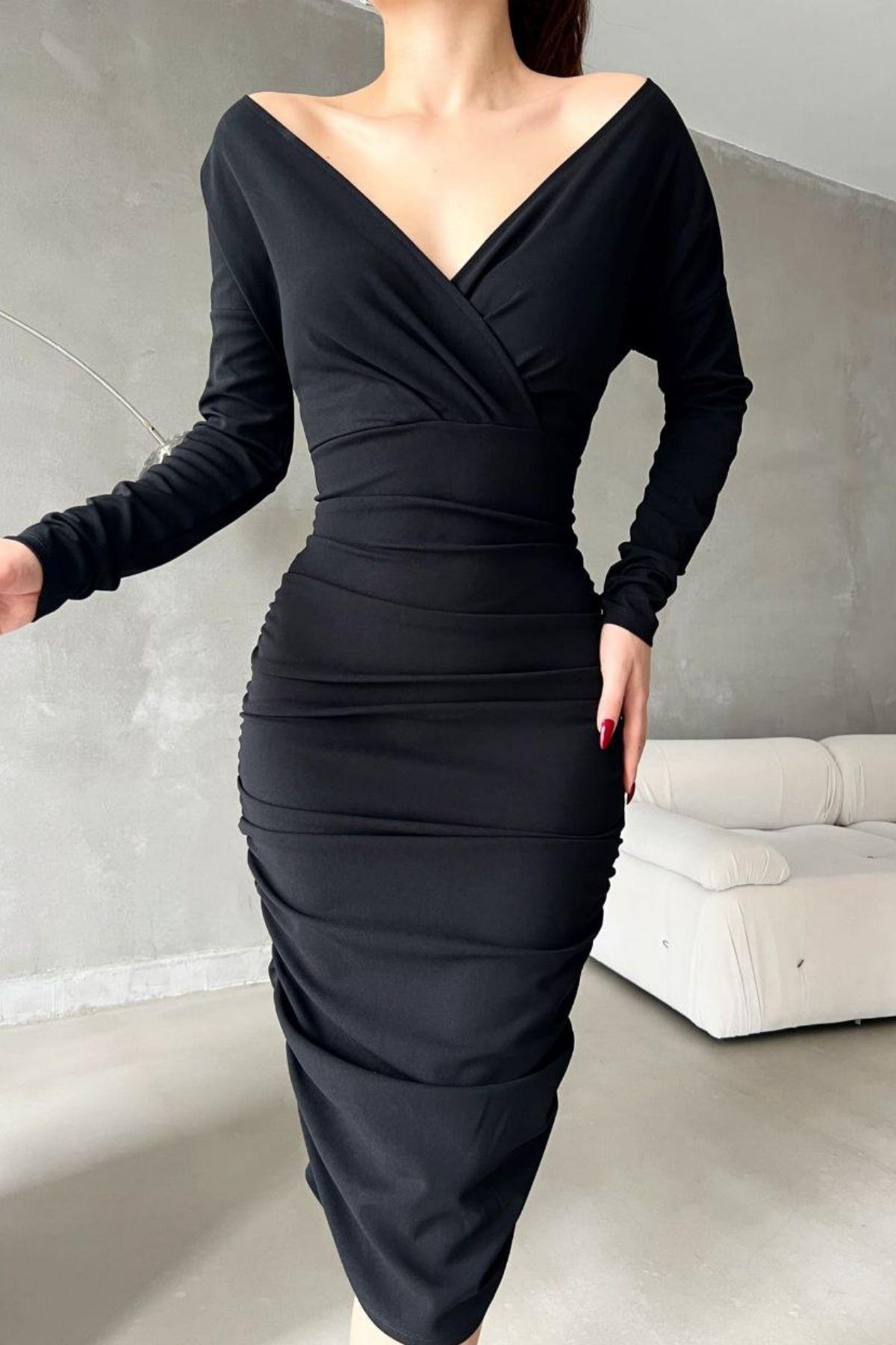 Kruvaze Yaka Drape Detaylı Sandy Kumaş Midi Elbise Siyah
