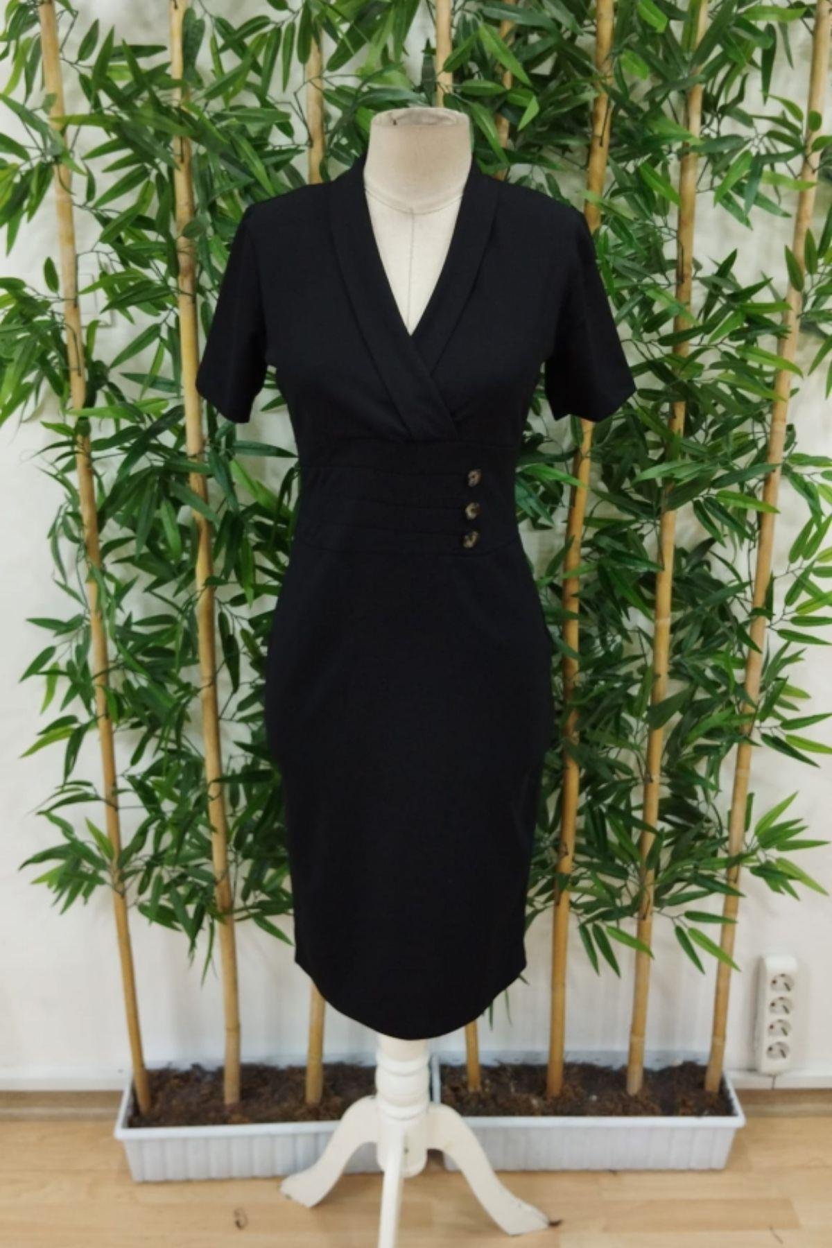 Kruvaze Yaka Düğme Detaylı Kalem Elbise Siyah