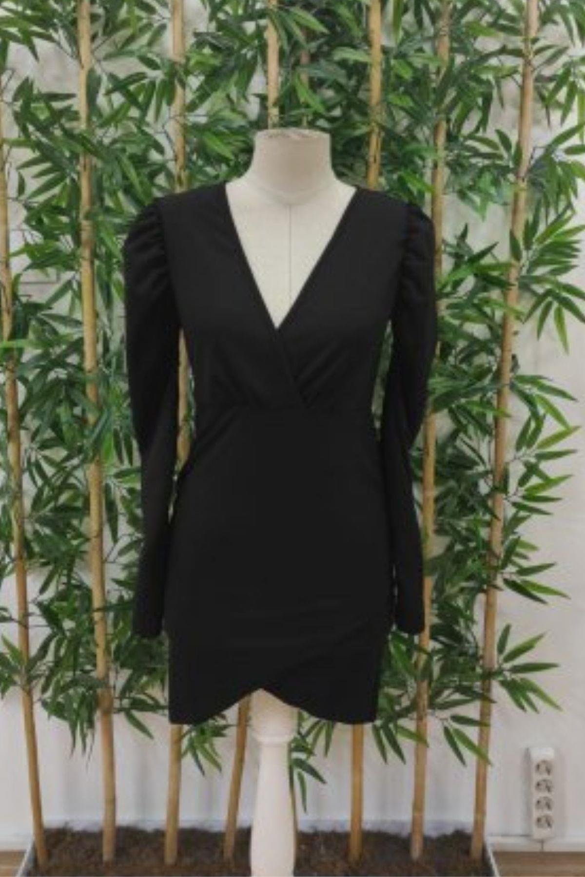 Kruvaze Yaka İthal Krep Mini Elbise Siyah