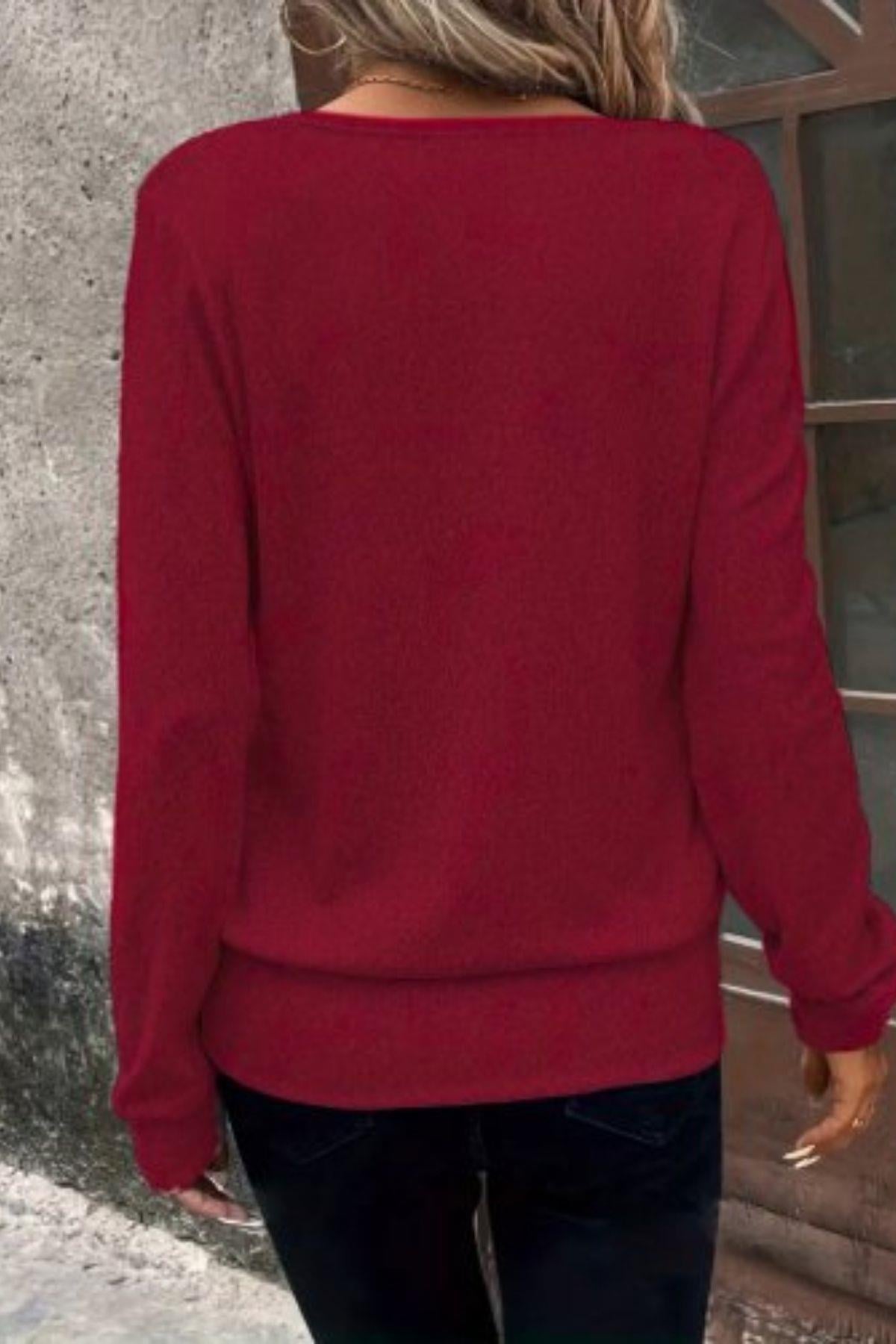 Kruvaze Yaka Kol Ve Etek Ucu Manşetli Yumoş Bluz Bordo