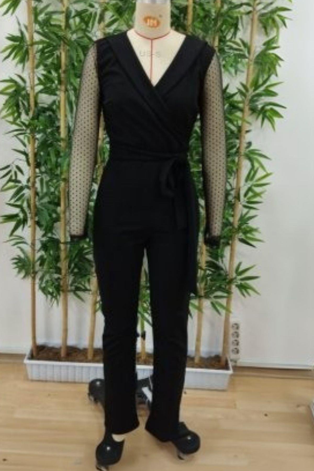 Kruvaze Yaka Kolları Tül Kuşaklı İthal Krep Tulum Siyah