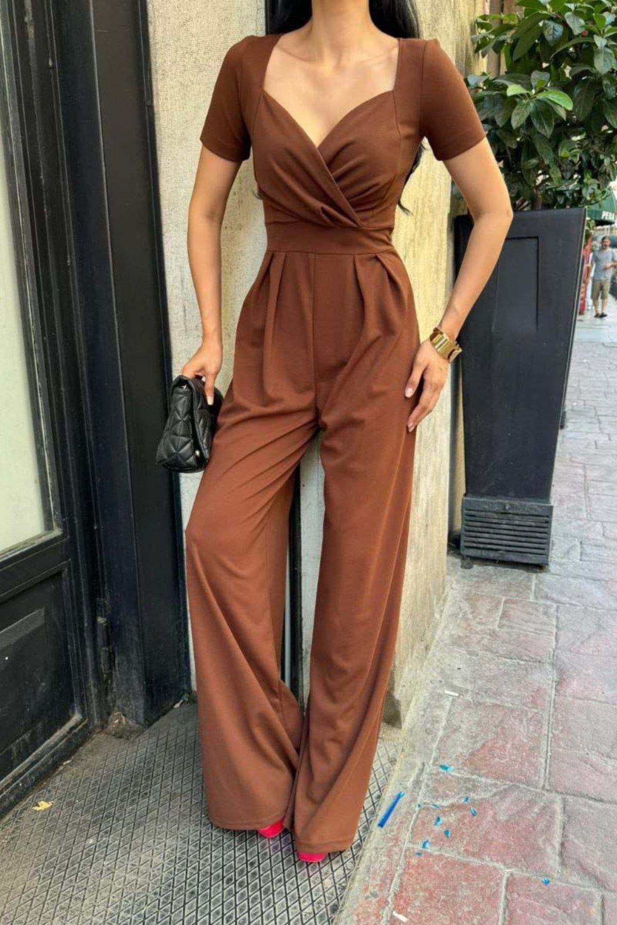 Kruvaze Yaka Krep Basıc Tulum Kahve