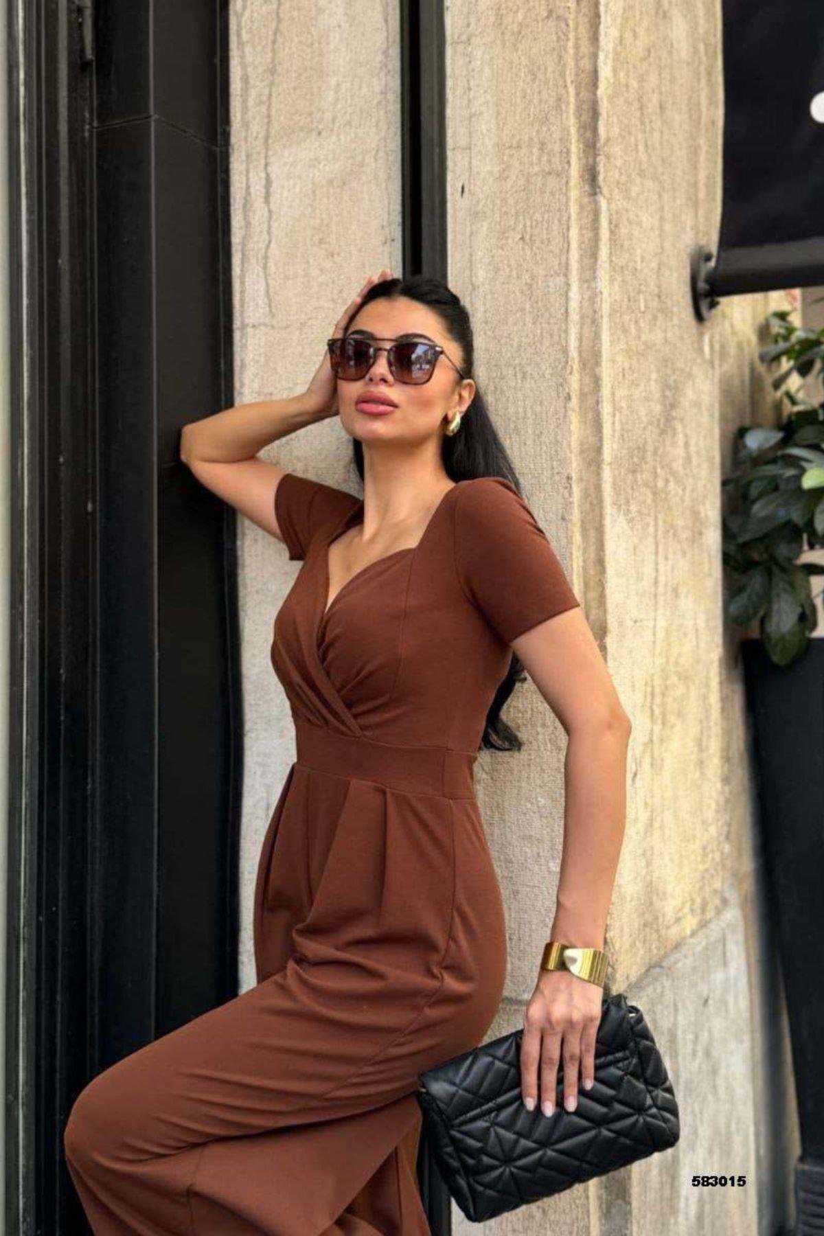 Kruvaze Yaka Krep Basıc Tulum Kahve
