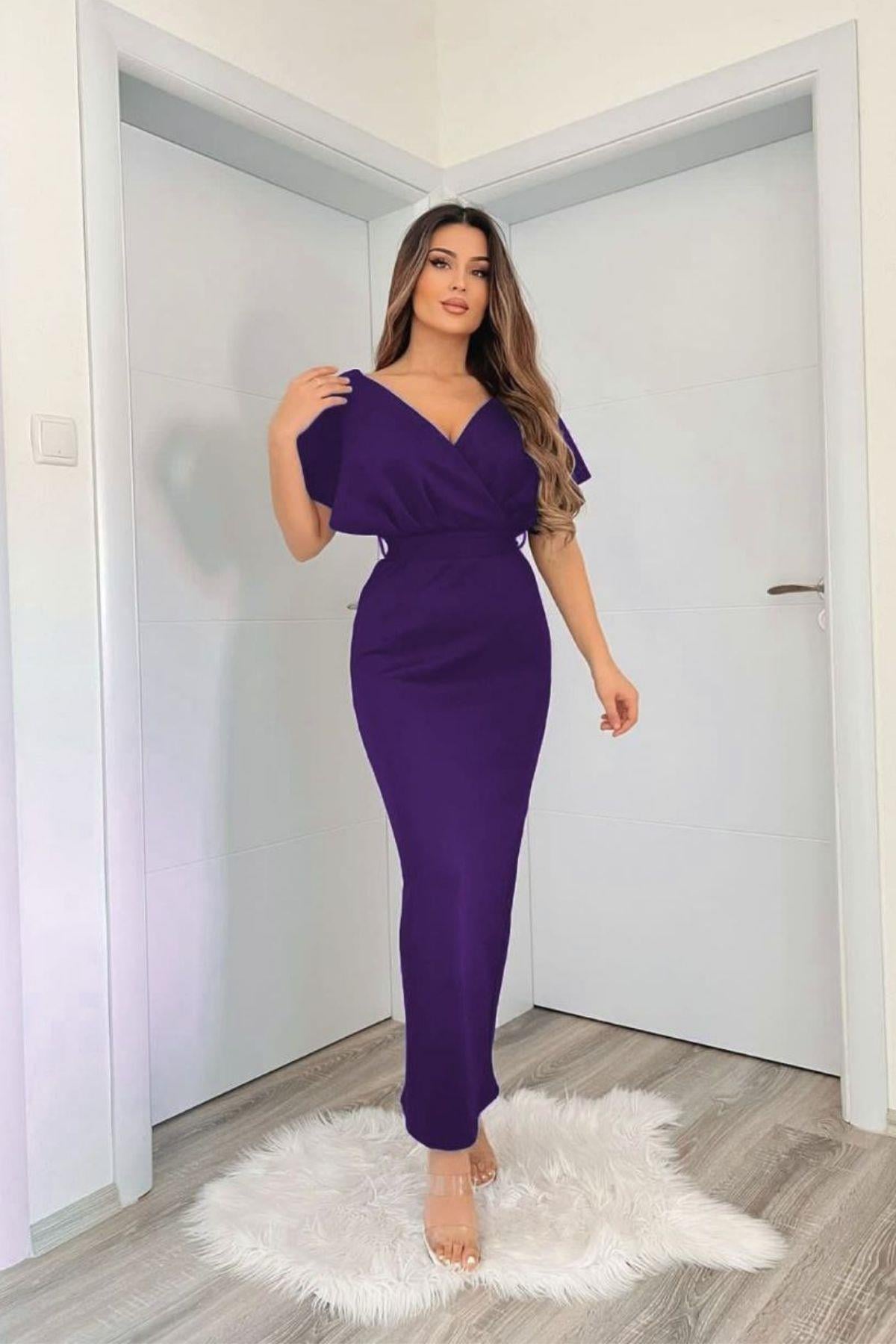 Kruvaze Yaka Kuşaklı Balık Elbise Mor