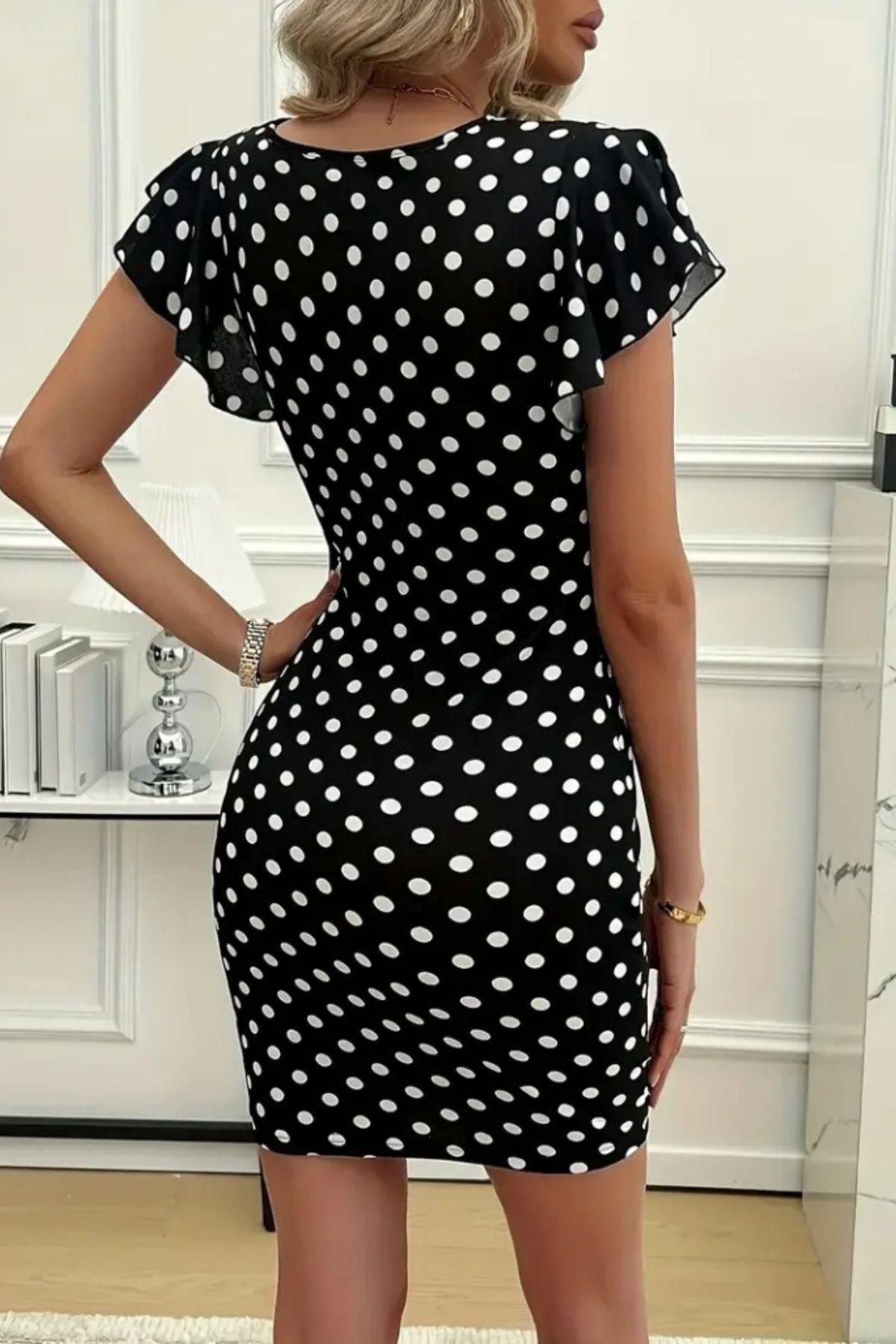 Kruvaze Yaka Puantiye Desen Krep Elbise Siyah