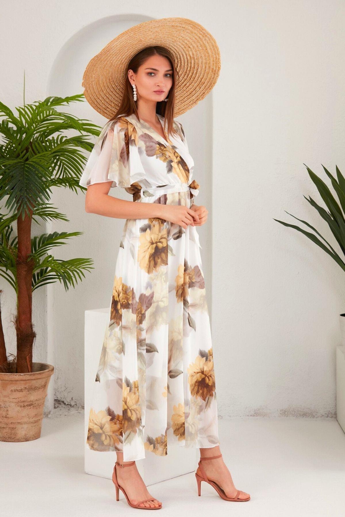 Kruvaze Yaka Şifon Uzun Elbise Beyaz