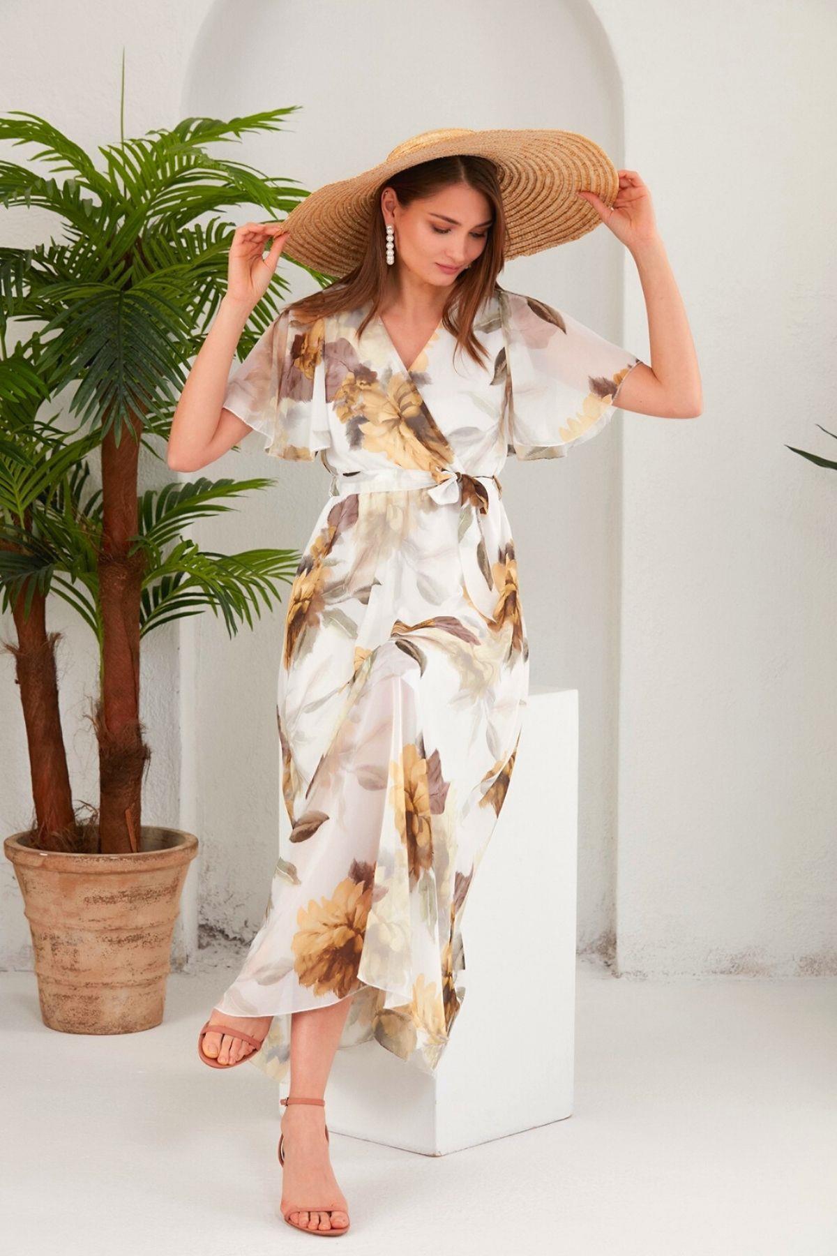 Kruvaze Yaka Şifon Uzun Elbise Beyaz