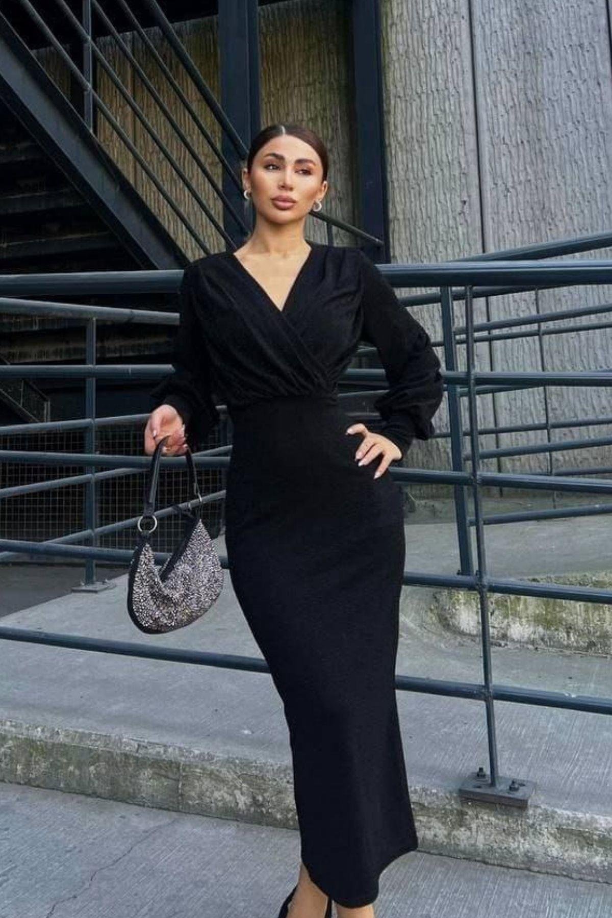 Kruvaze Yaka Uzun Kol Simli Midi Elbise Siyah