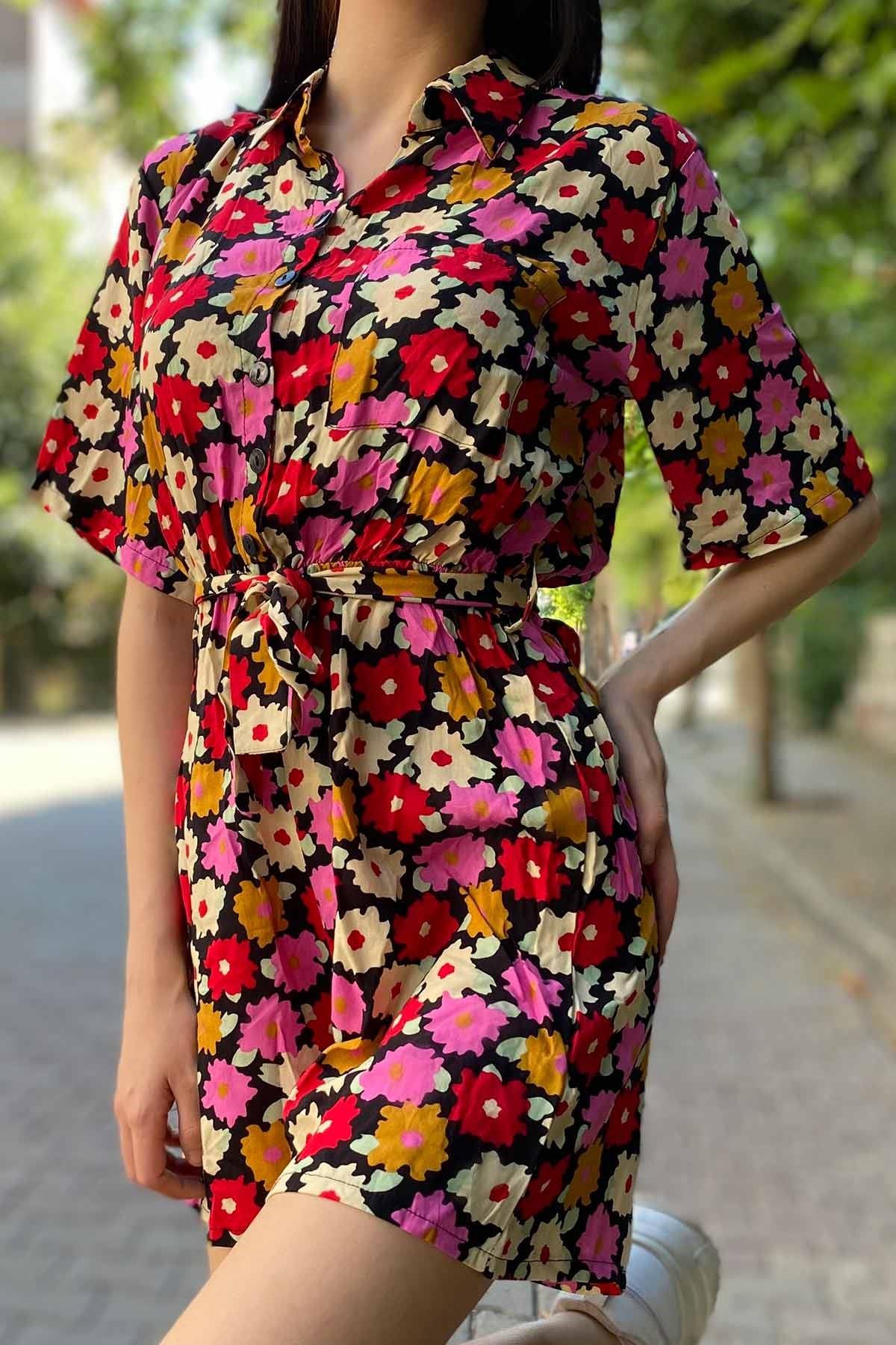Kuşaklı Çiçek Desen Tulum Siyah