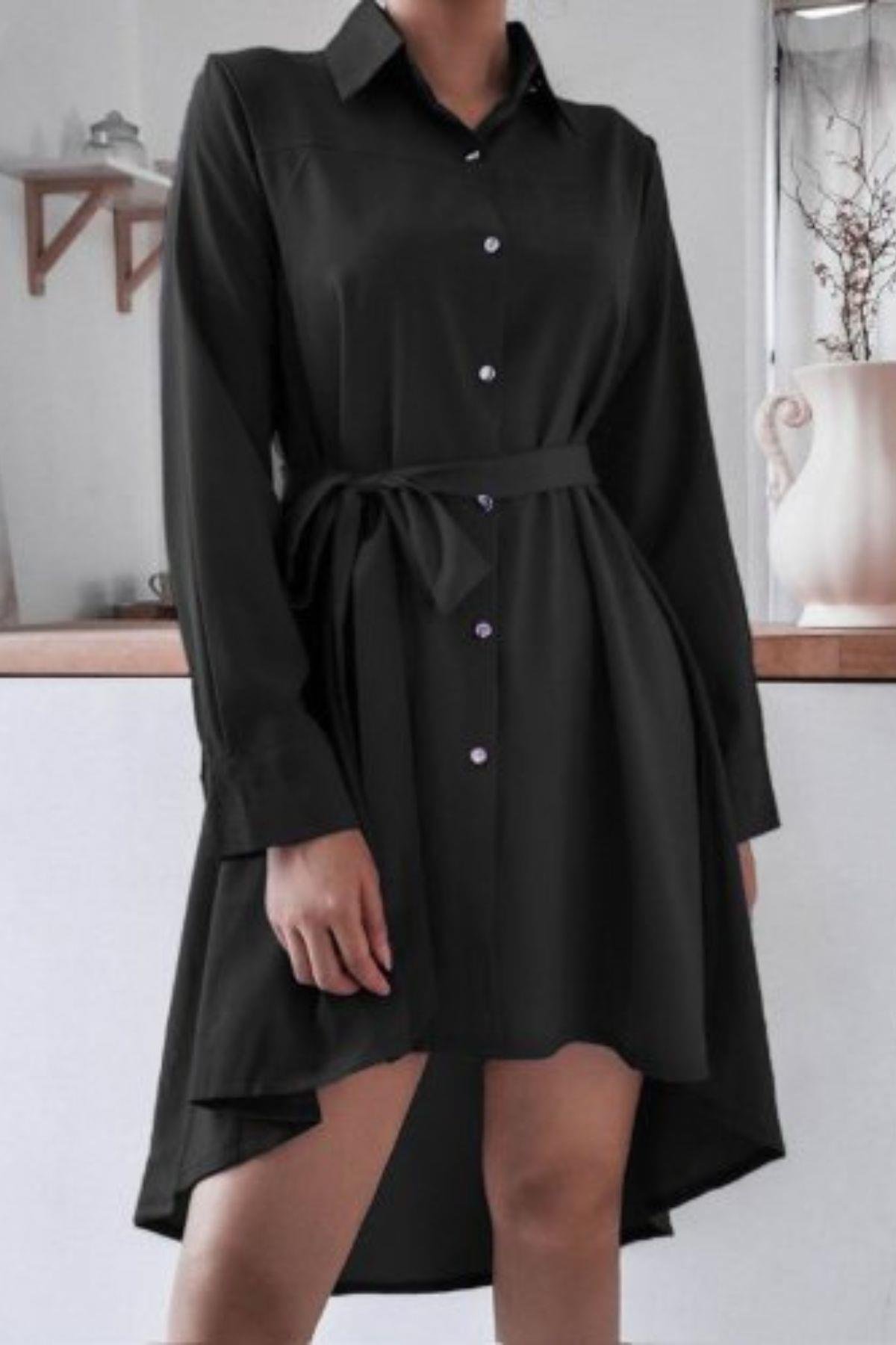Kuşaklı Terikoton Gömlek Elbise Siyah