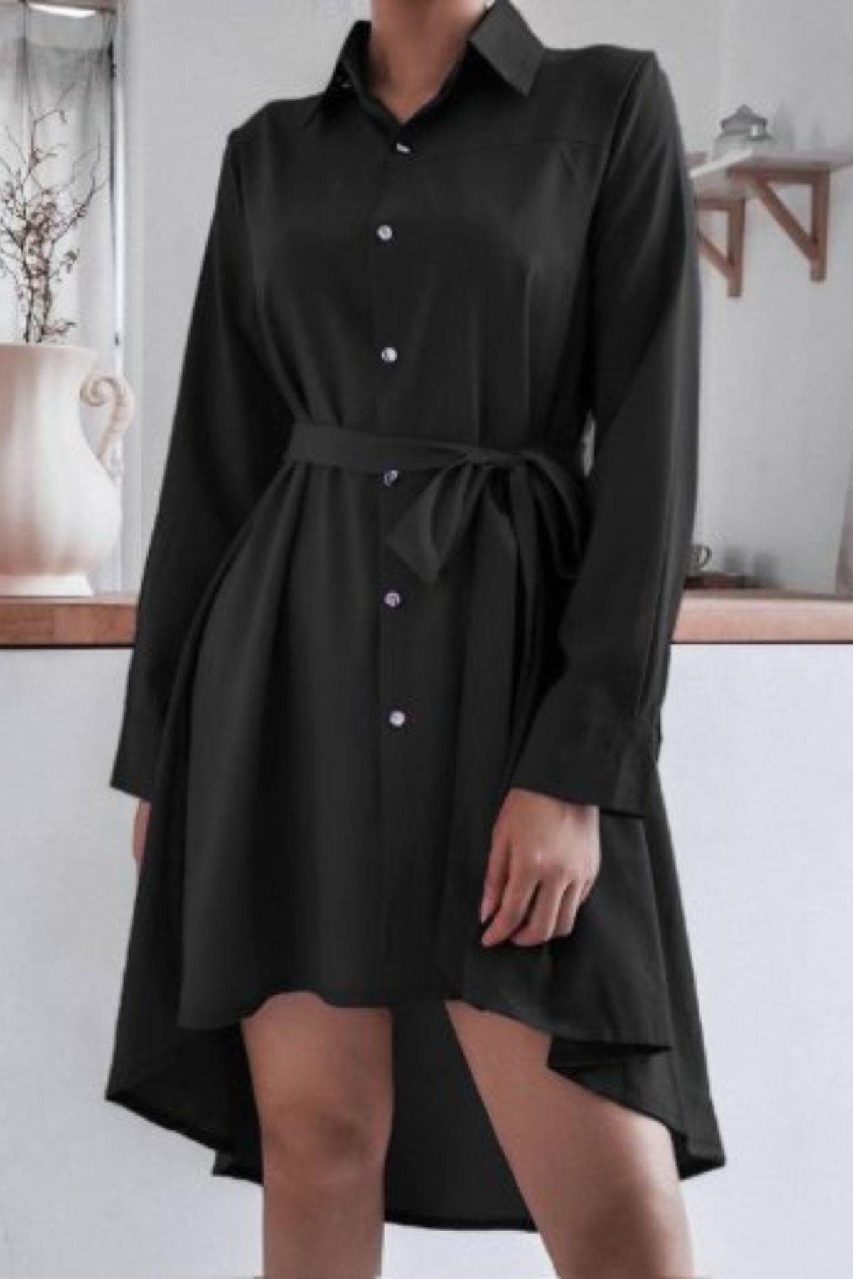 Kuşaklı Terikoton Gömlek Elbise Siyah