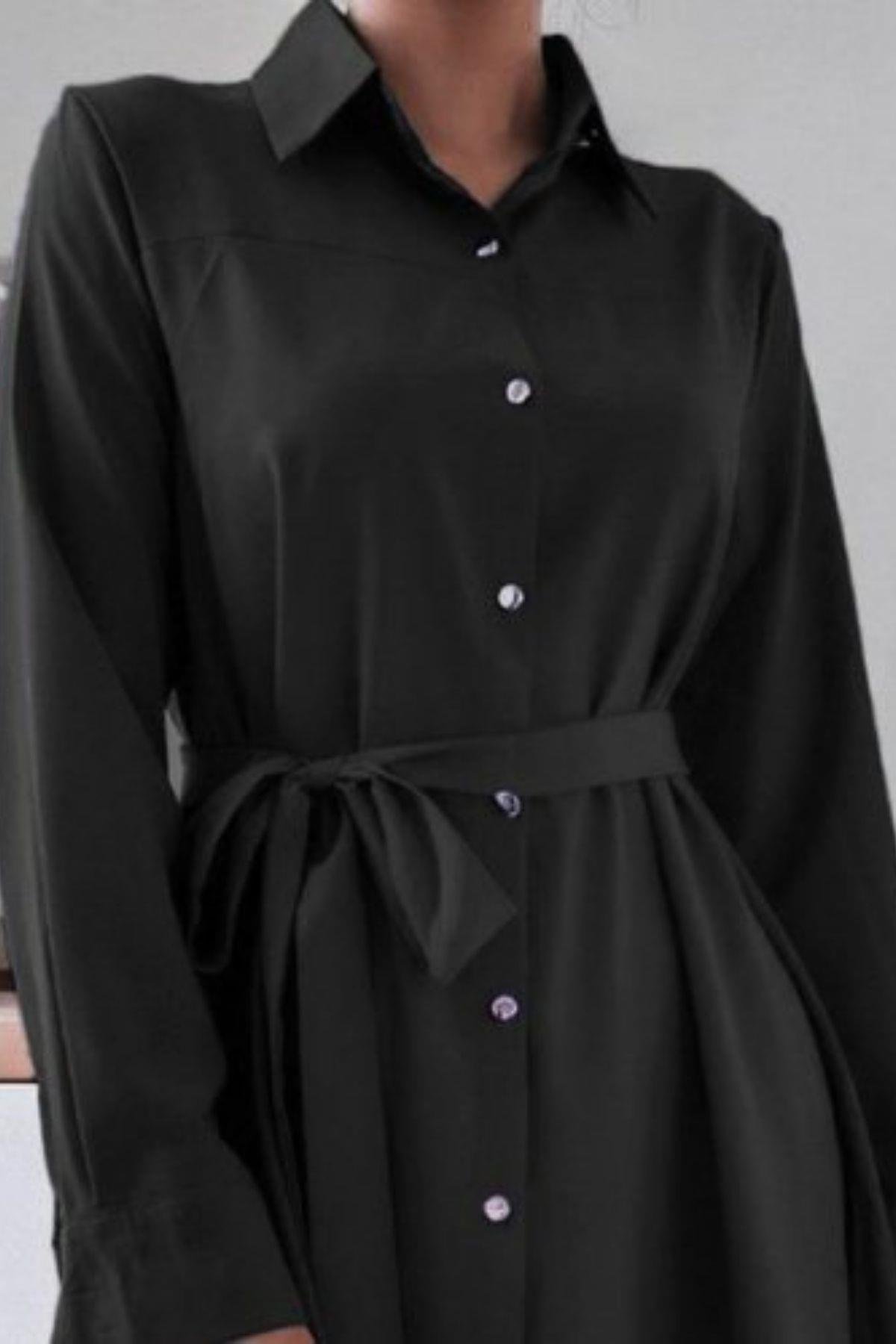 Kuşaklı Terikoton Gömlek Elbise Siyah