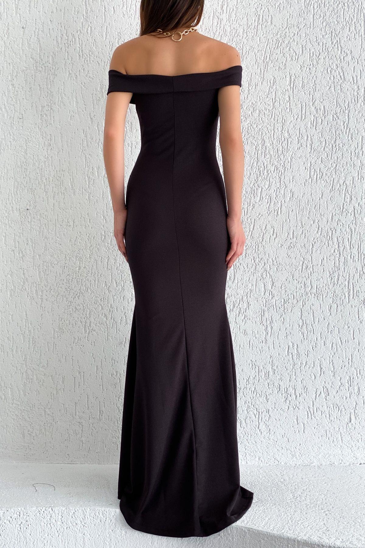 Lady Yaka Parlak Uzun Krep Elbise Siyah 582013