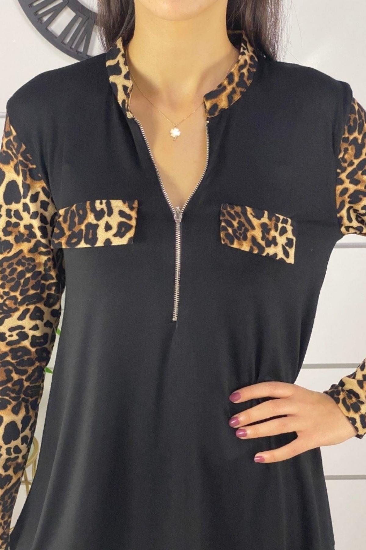 Leopar Desen Fermuar Detay Viskon Kumaş Bluz