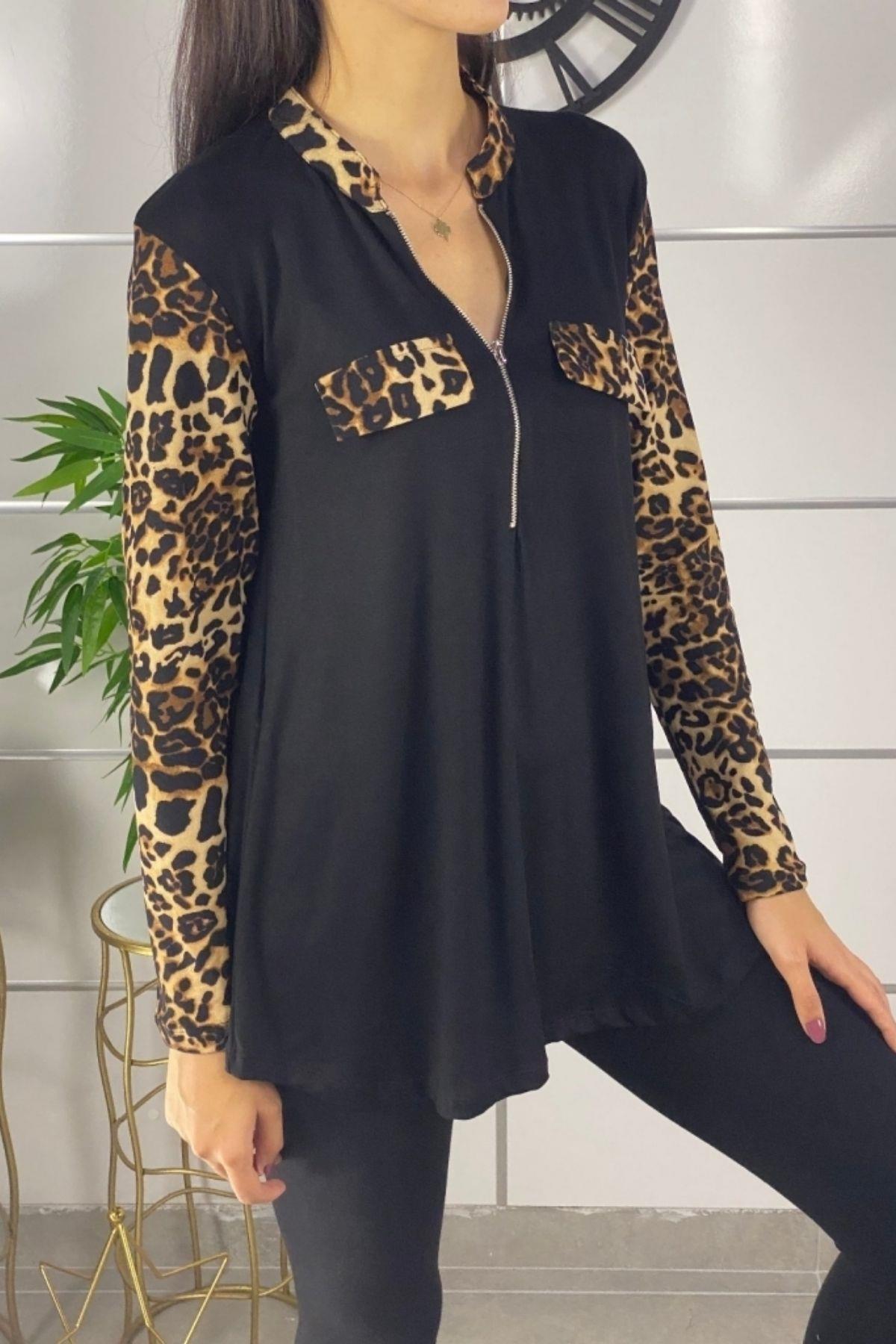 Leopar Desen Fermuar Detay Viskon Kumaş Bluz