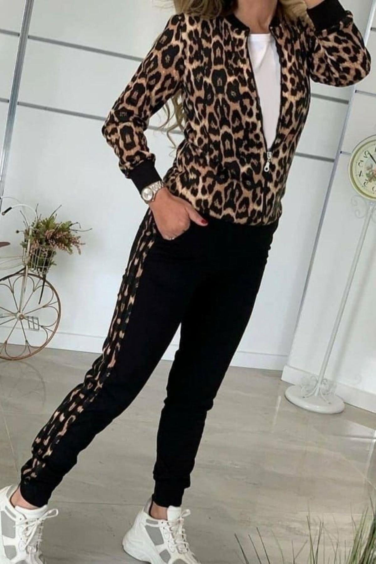 Leopar Desen Fermuarlı Alt Üst Eşofman Takım