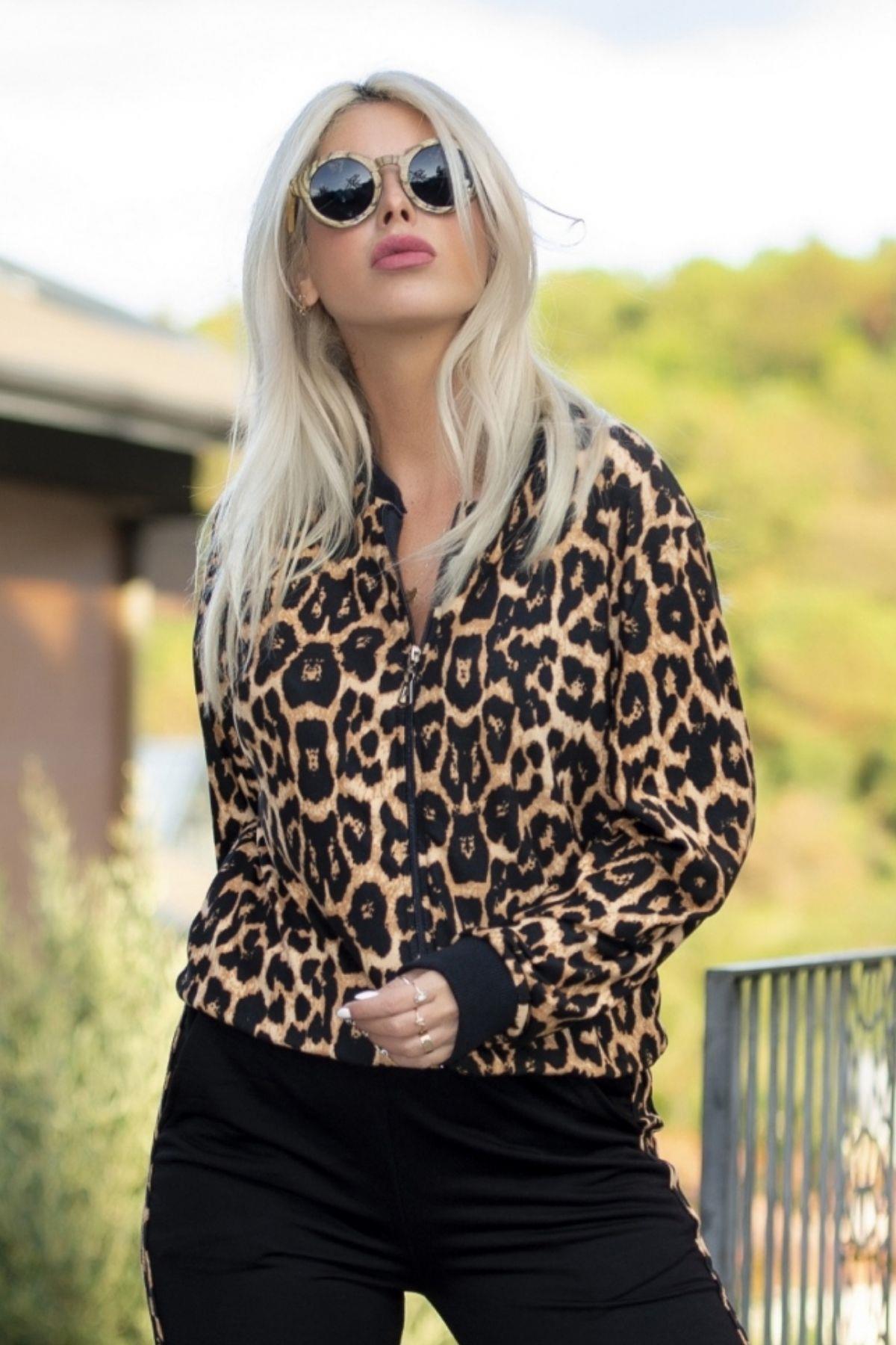 Leopar Desen Fermuarlı Alt Üst Eşofman Takım