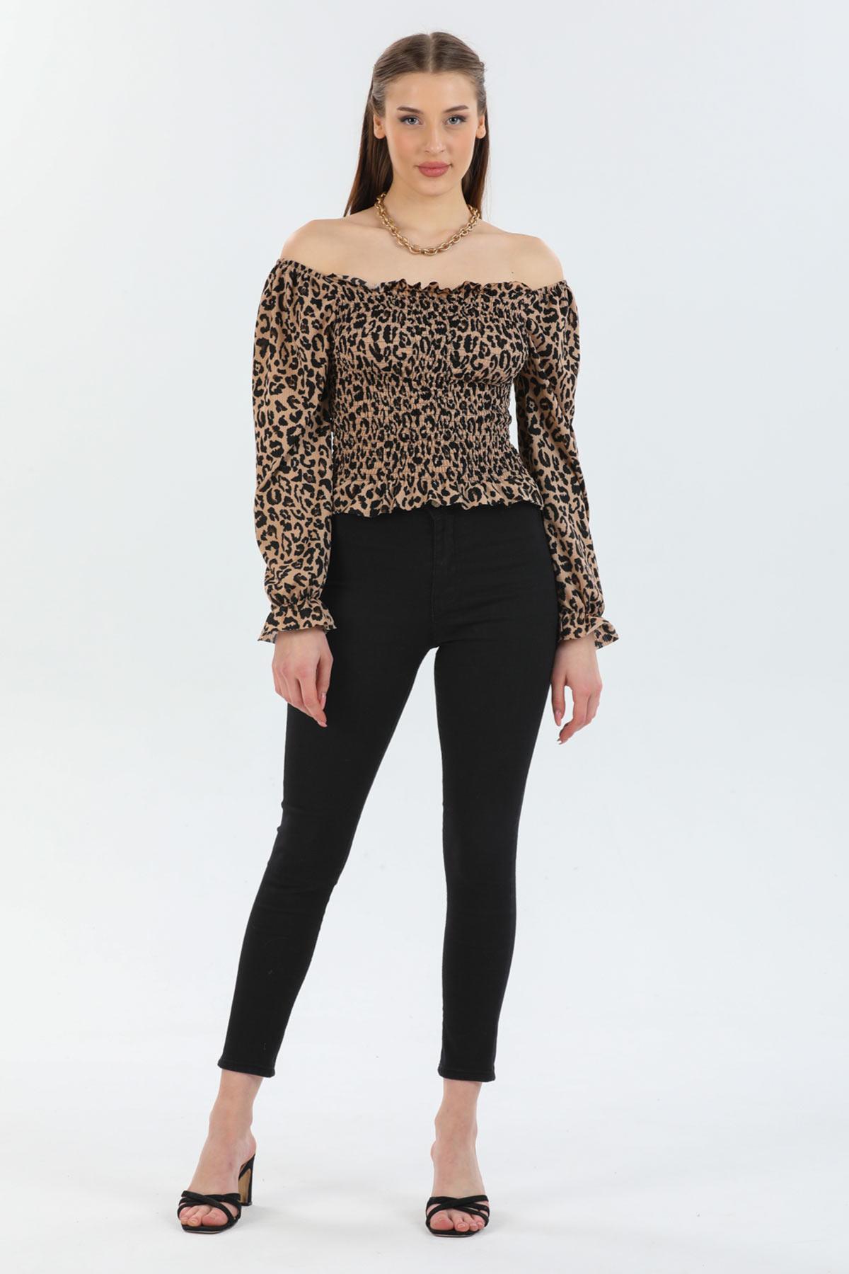 Leopar Desen Gipeli Ayarlanabilir Bluz