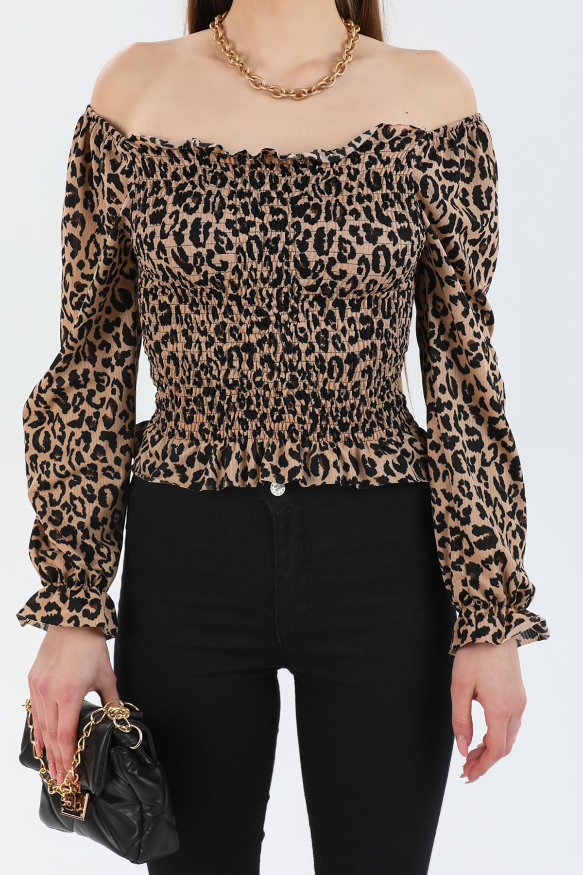 Leopar Desen Gipeli Ayarlanabilir Bluz
