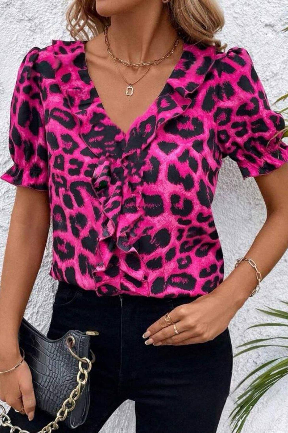 Leopar Desen Önü Fırfırlı Mikro Kumaş Bluz Fuşya