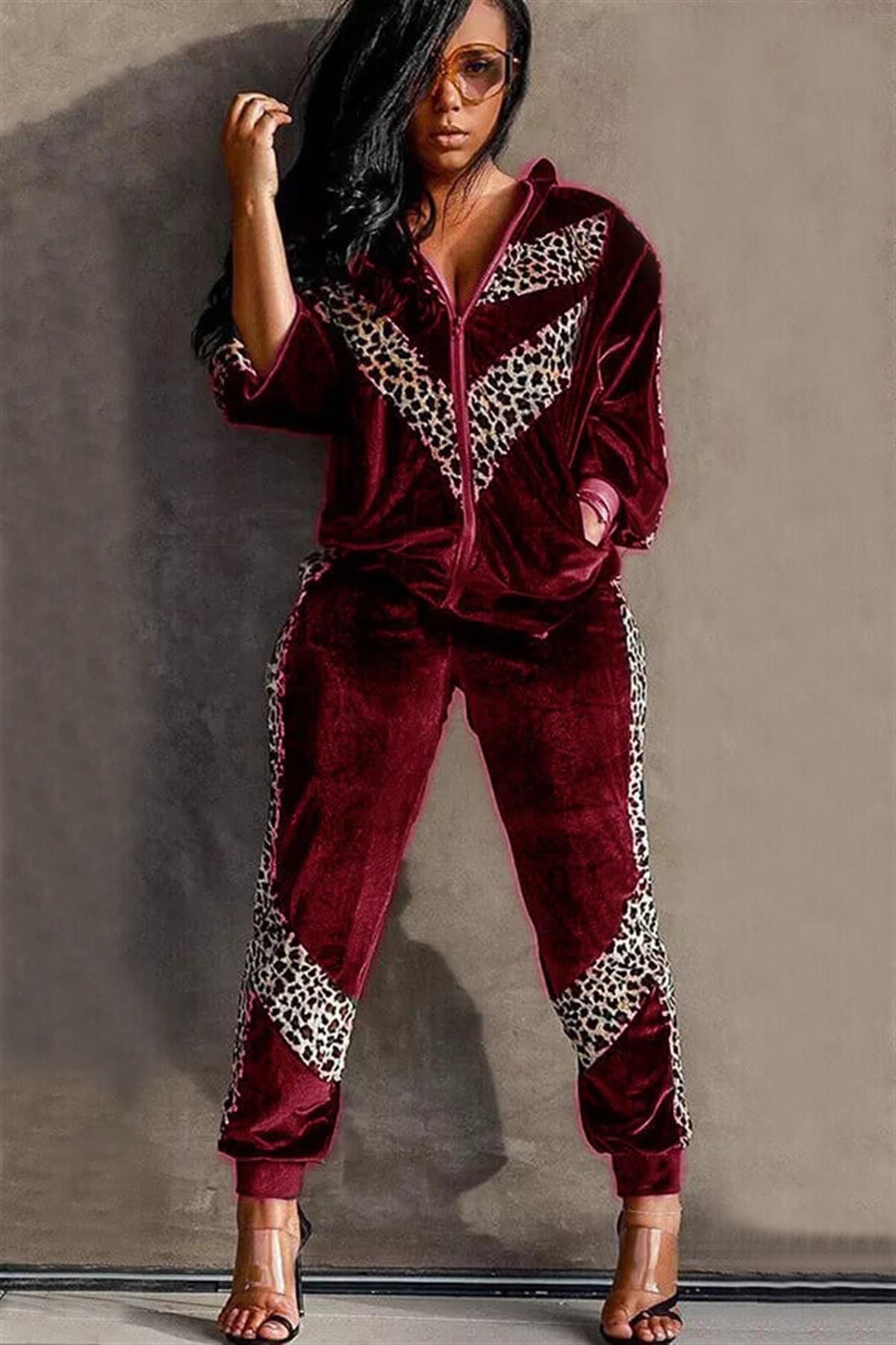 Leopar Detaylı Kadife Takım Bordo