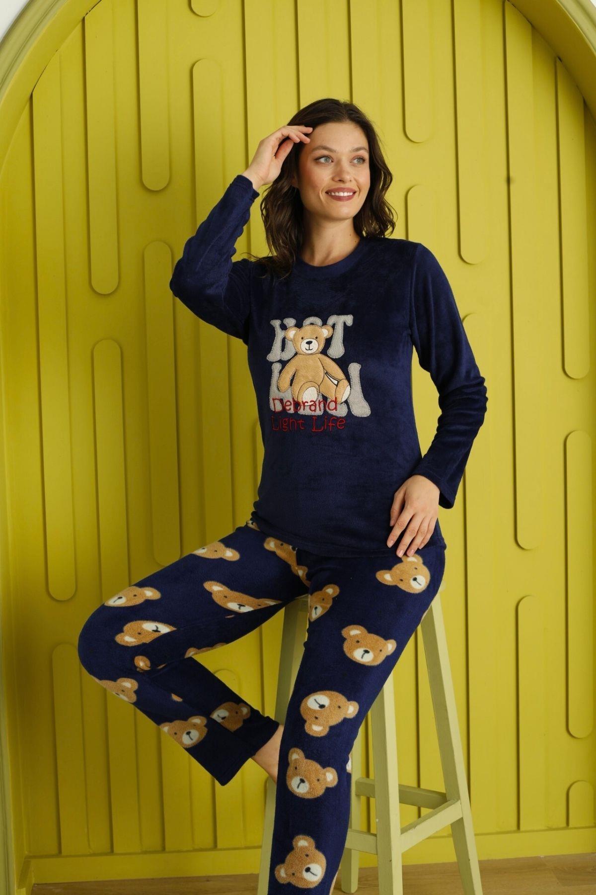 Light Life Bear Kadife Pijama Takımı Lacivert