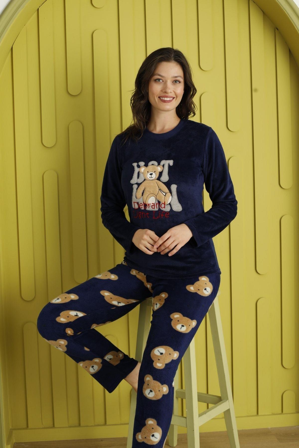 Light Life Bear Kadife Pijama Takımı Lacivert
